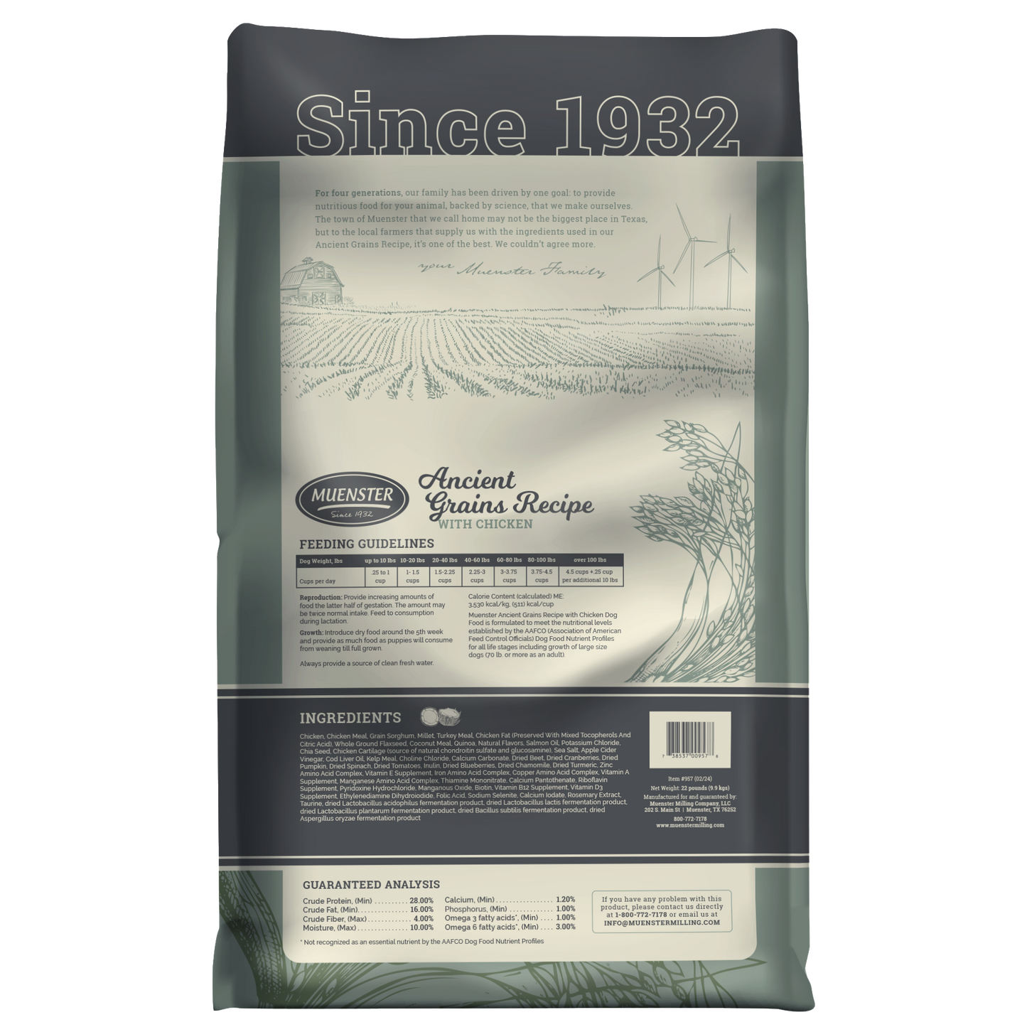 Muenster Ancient Grains chicken back of the bag 22 lb