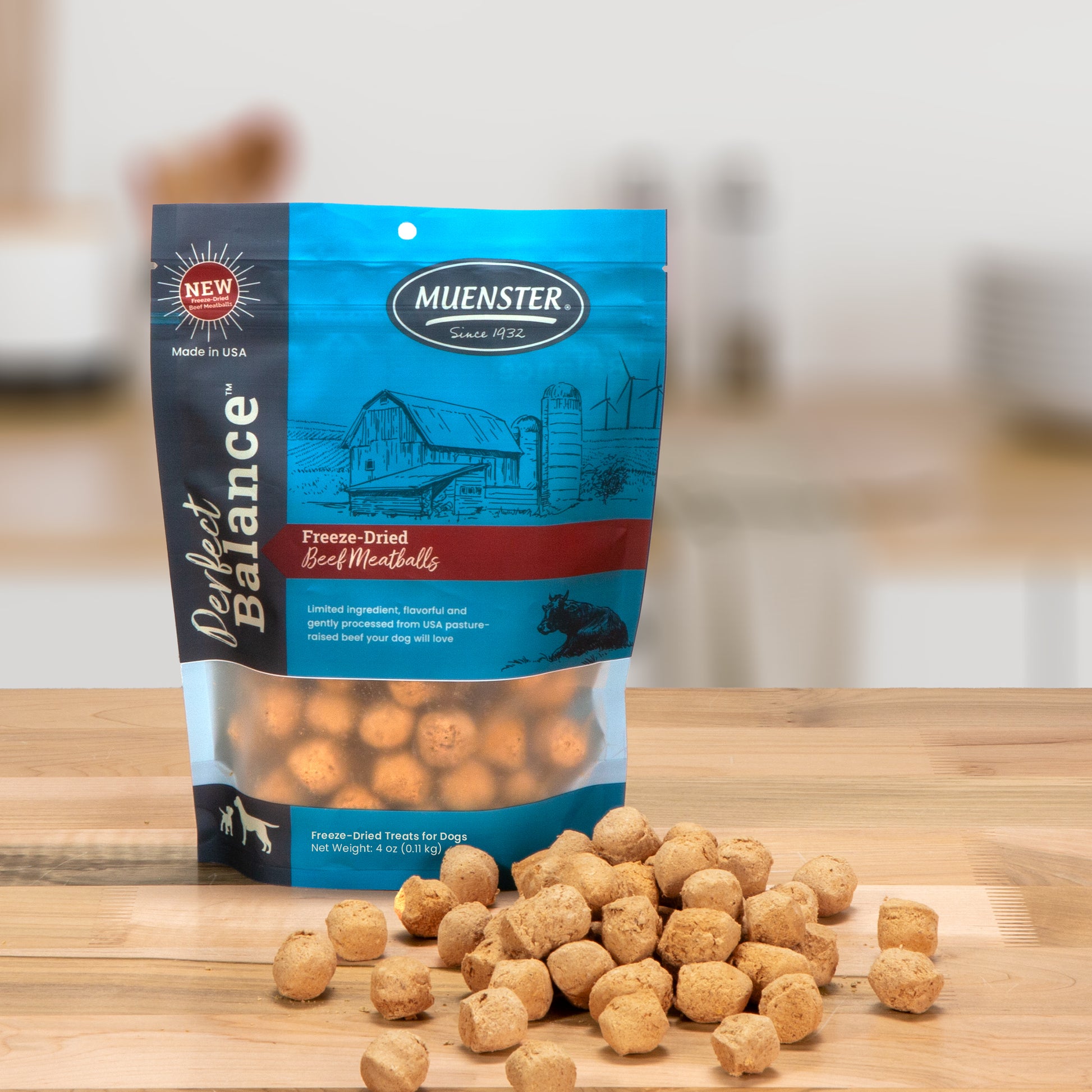 Freeze-Dried Beef Meatballs for Dogs bags with meatballs in front of it