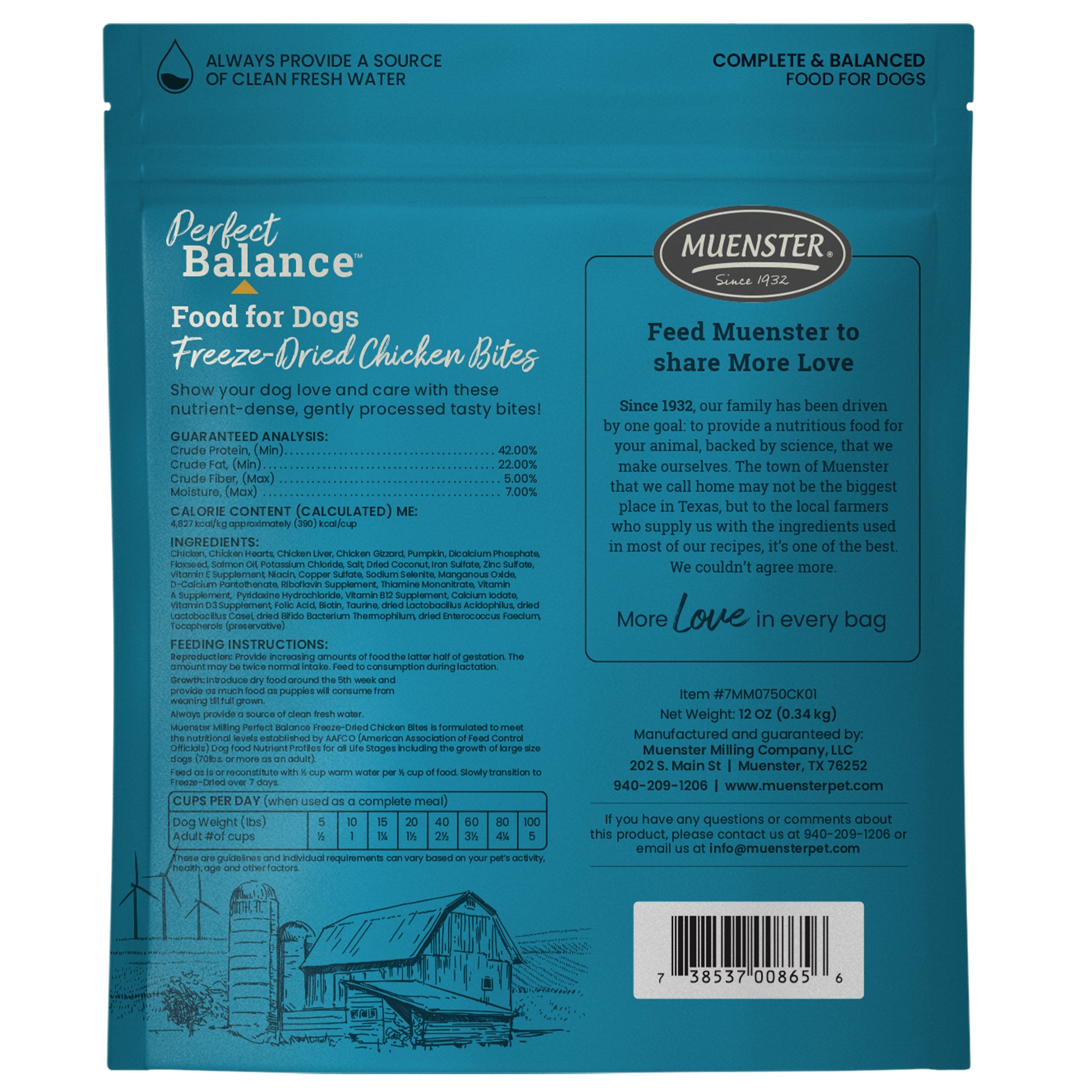 Muenster Perfect Balance Freeze-Dried Chicken Bites, Complete & Balanced food for dogs, back of bag