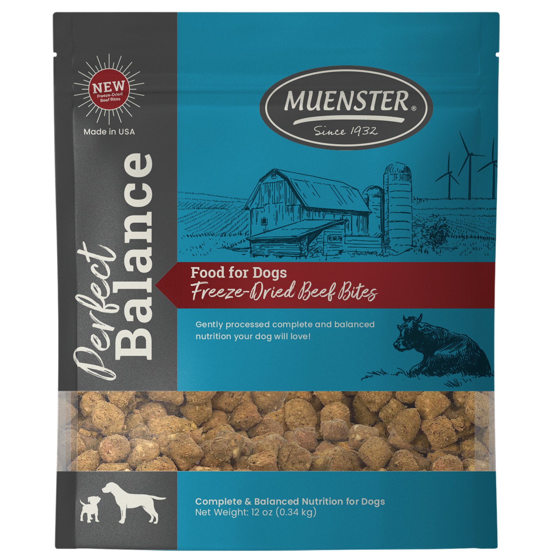 Muenster Perfect Balance Freeze-Dried Beef Bites Food for Dogs. Complete and balanced nutrition for dogs.