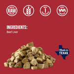 Freeze-dried beef liver dog treats made from a single ingredient.