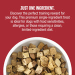 Dog treats in a bowl with text on a red background