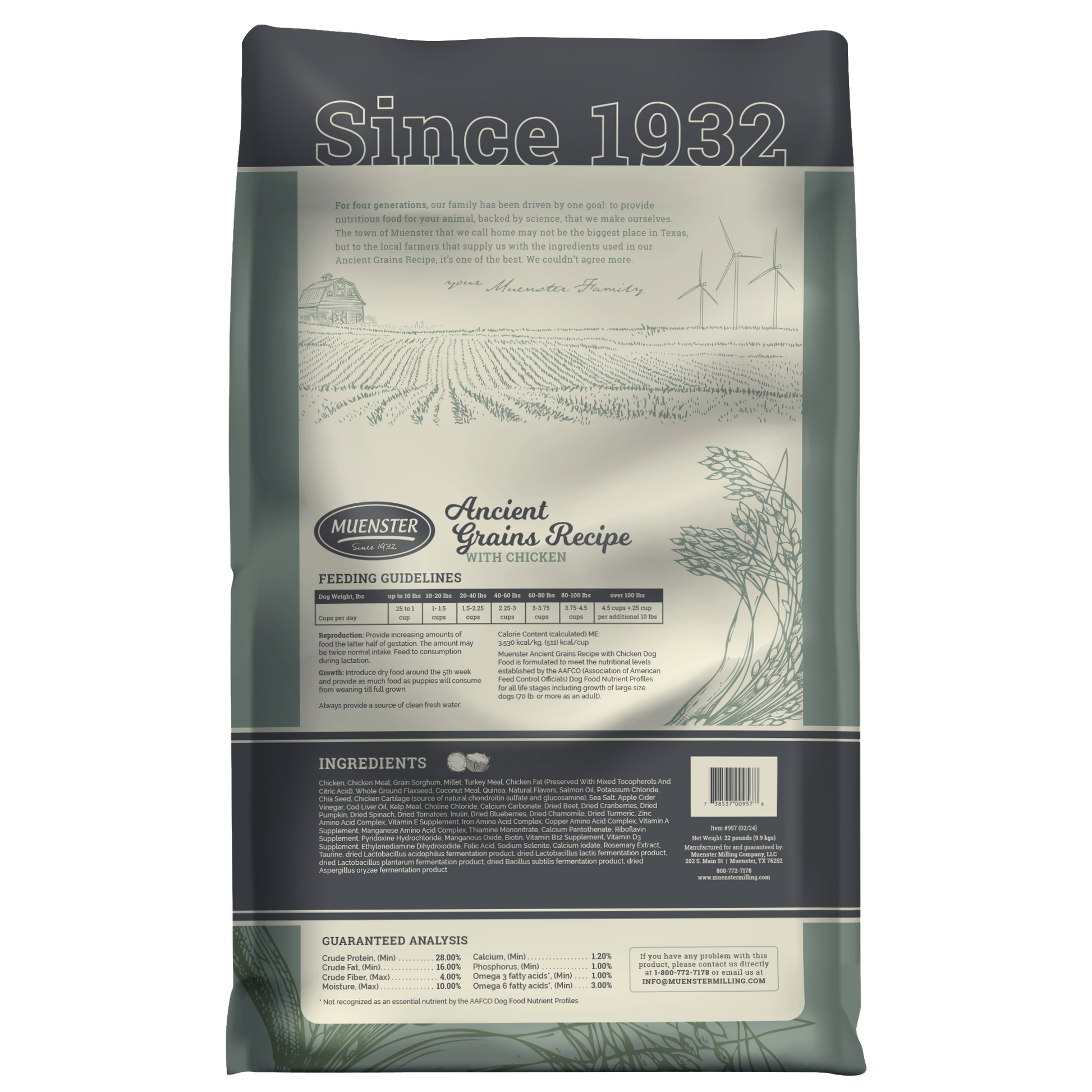 Muenster Ancient Grains chicken back of the bag 22 lb