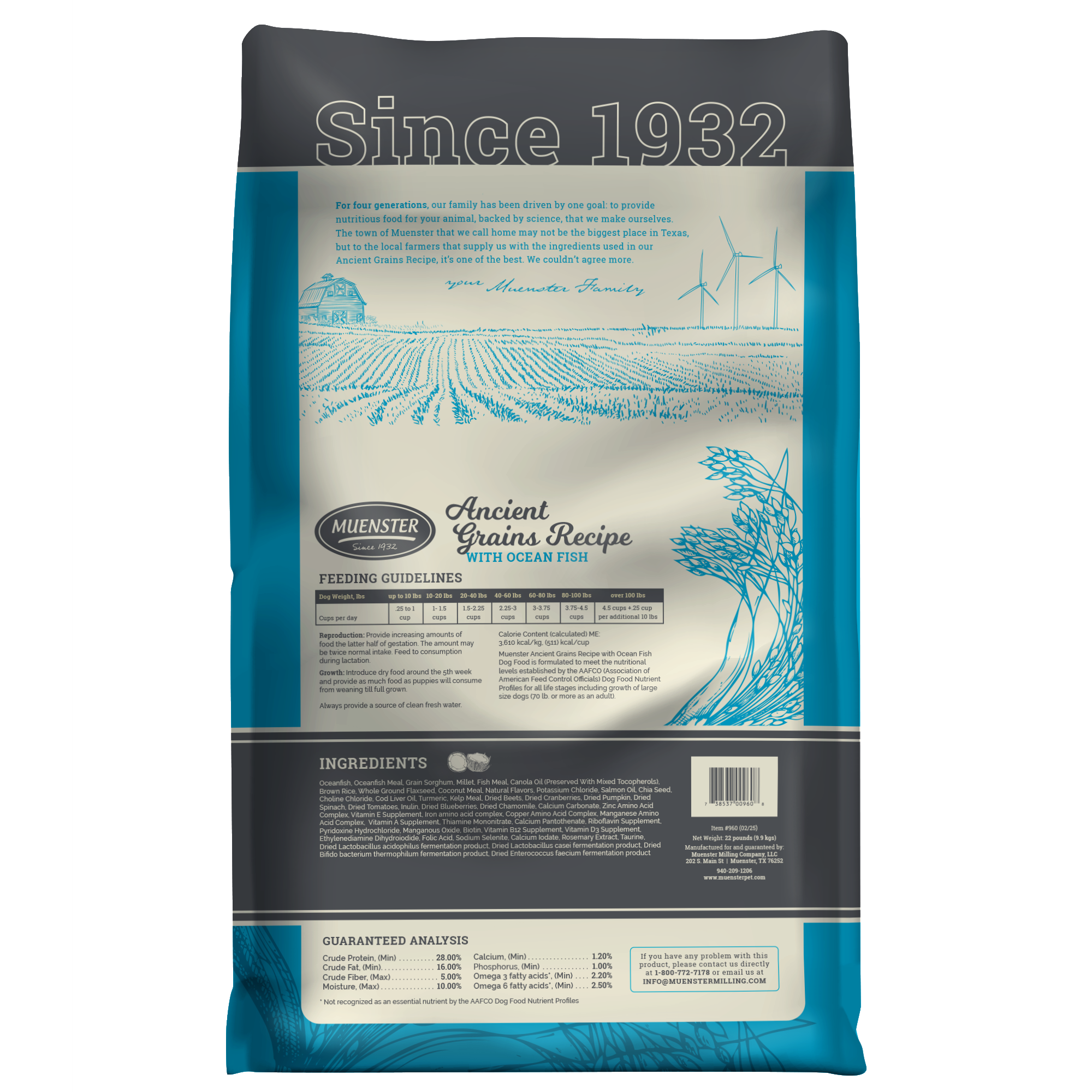 Muenster Ancient Grains Ocean Fish back of the bag 22 lb