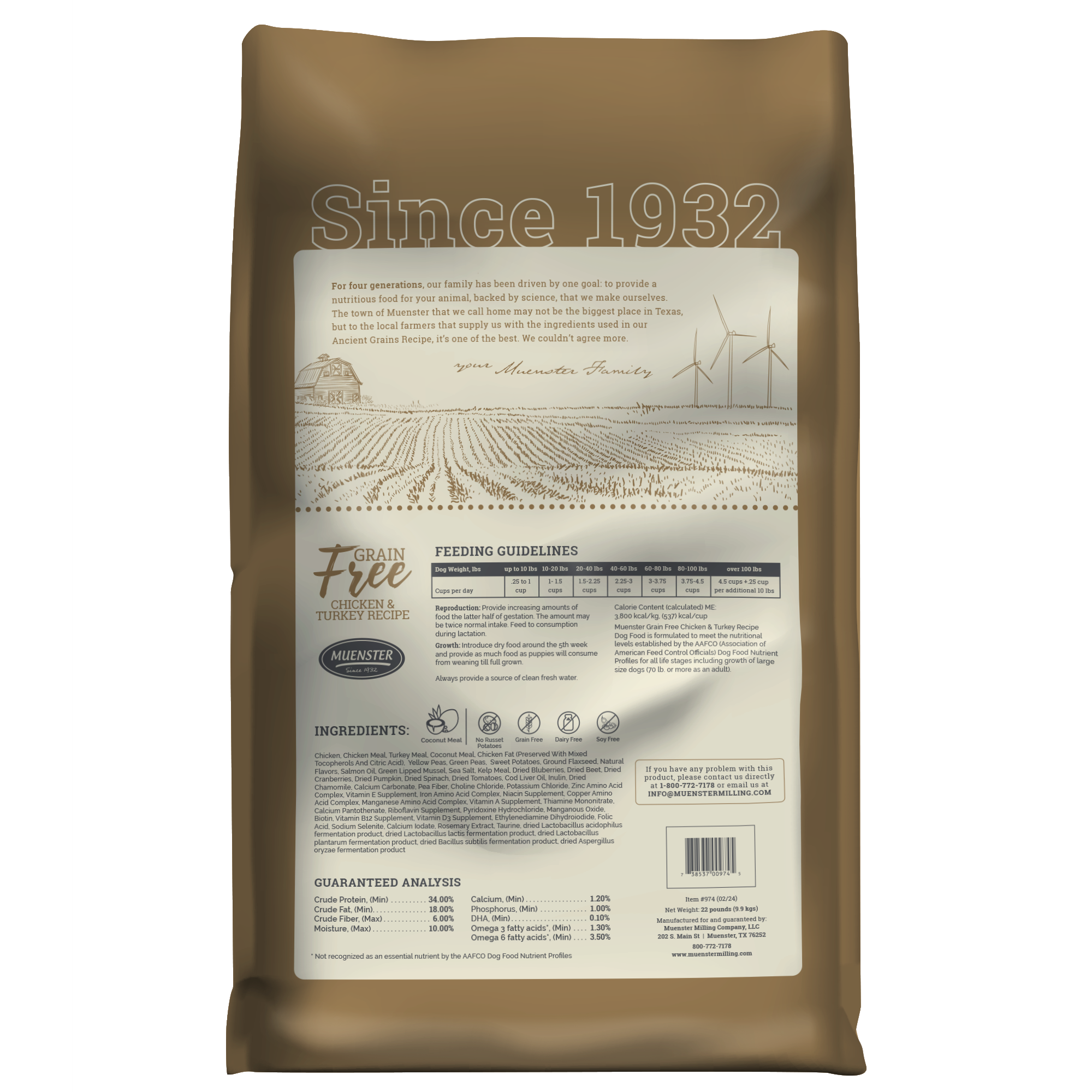 Grain Free Chicken & Turkey Recipe dry dog food, back of 22 lb bag
