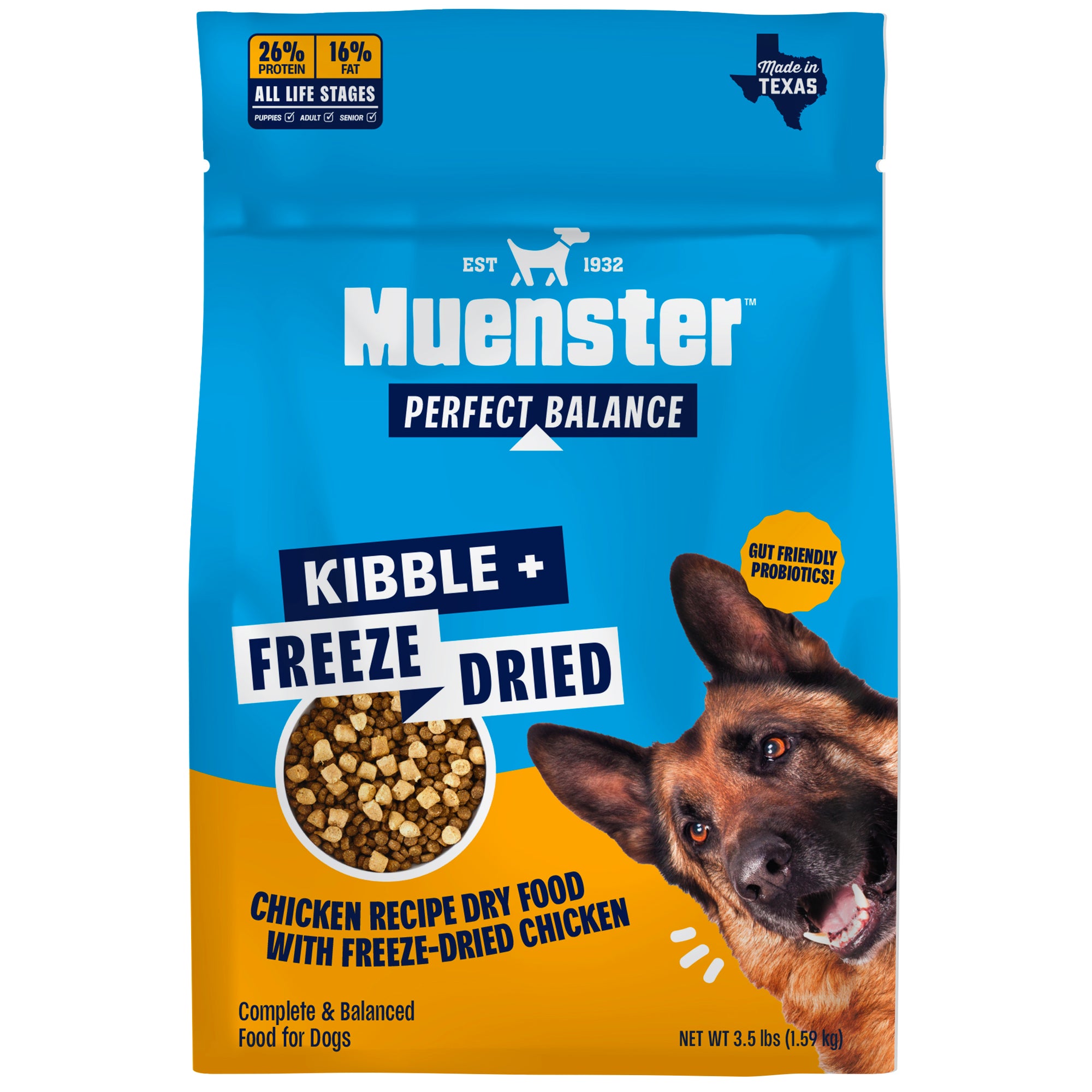 Muenster Perfect Balance dog food package with a dog on the label