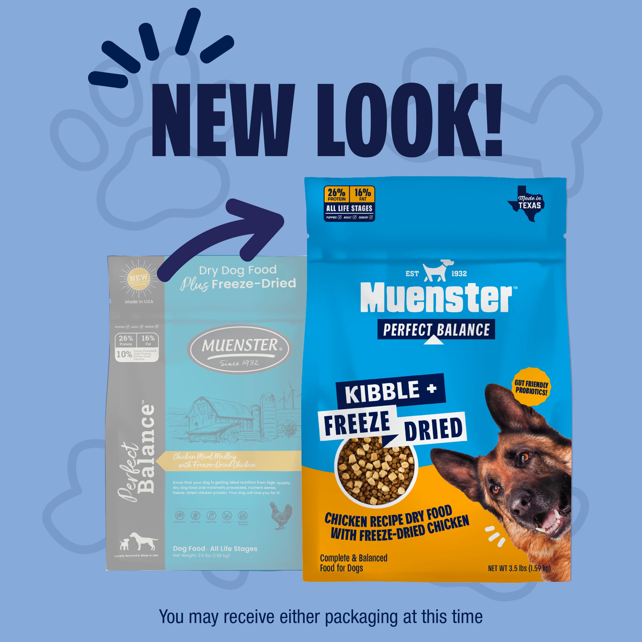 Muenster dog food packaging with 'New Look' text on a blue background