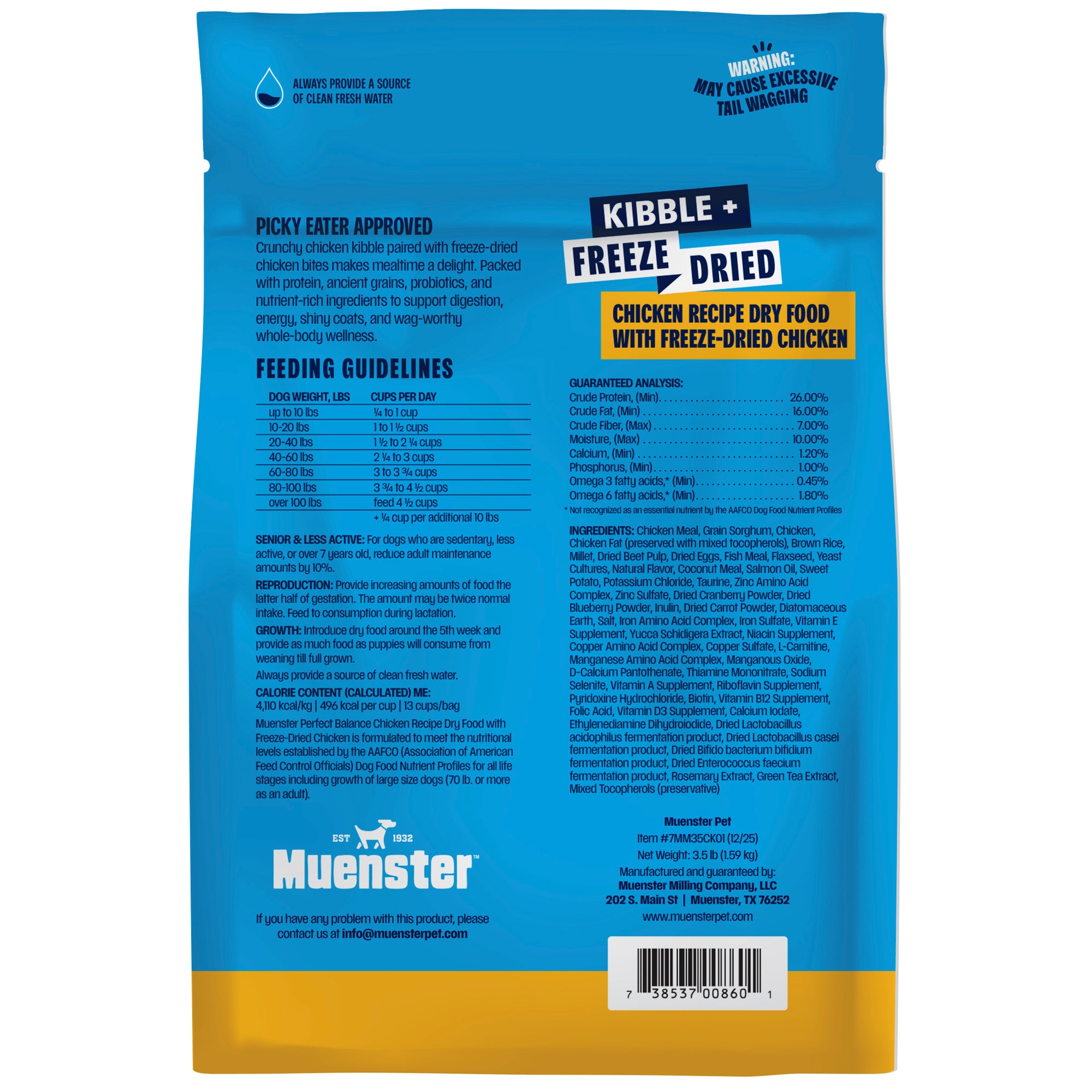 Kibble freeze-dried chicken recipe dog food packaging with blue and yellow design.