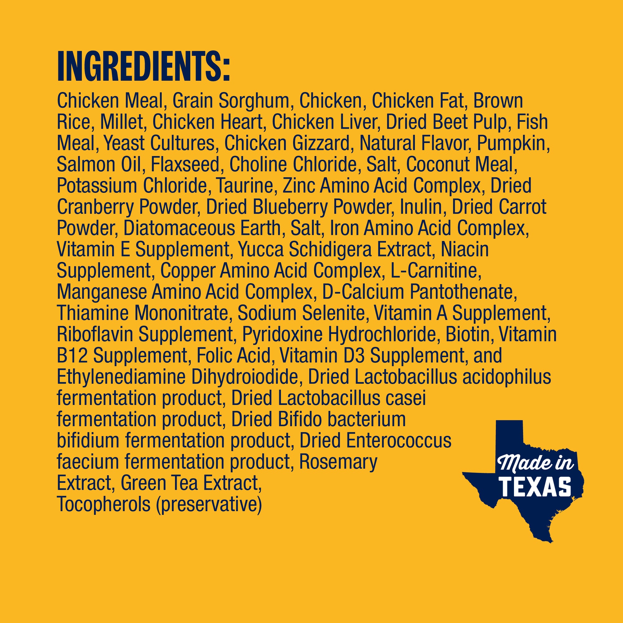 List of ingredients on a yellow background with 'Made in Texas' label.