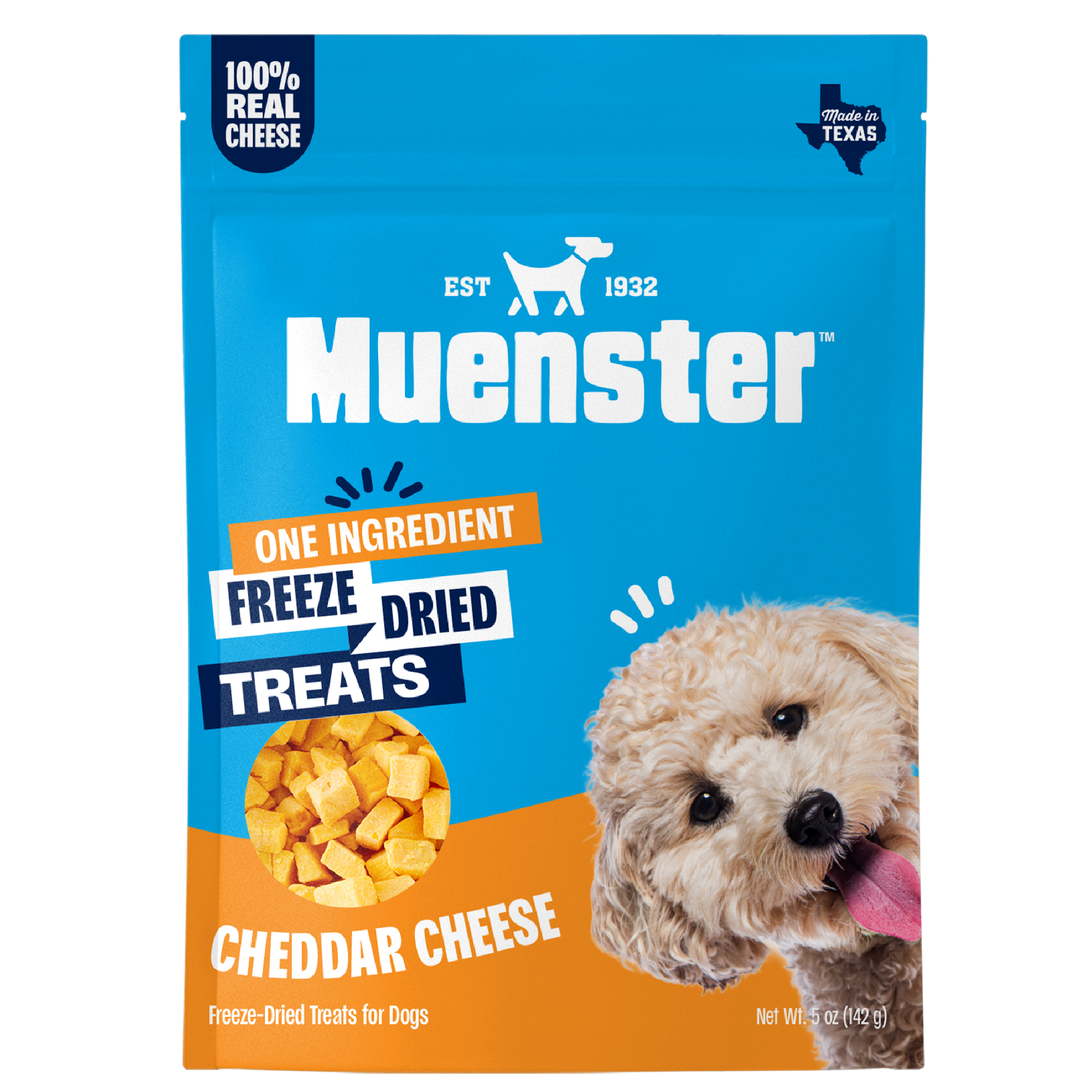 Muenster One Ingredient Freeze Dried Cheddar Cheese Treats for Dogs. Front of the bag. 