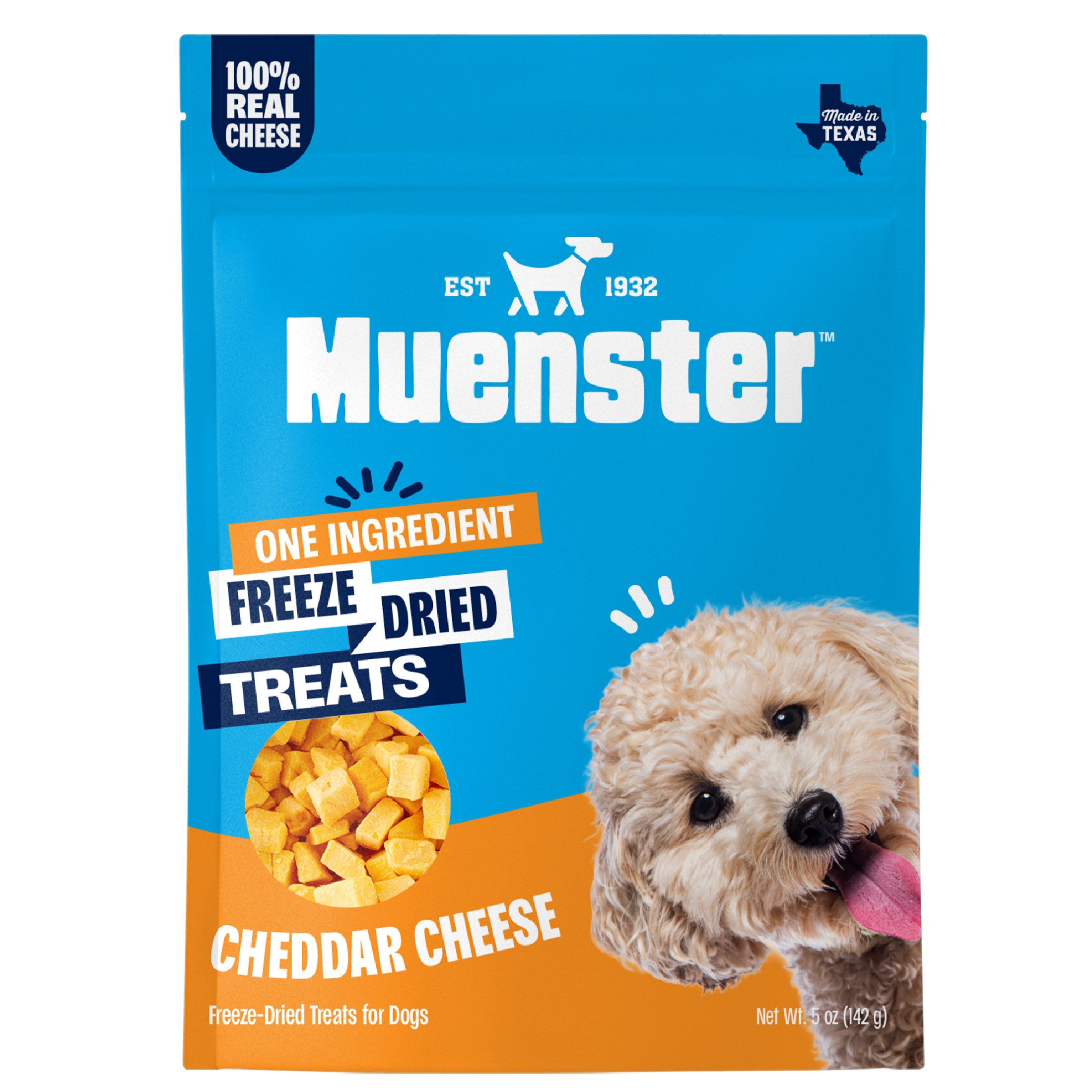 Muenster One Ingredient Freeze Dried Cheddar Cheese Treats for Dogs. Front of the bag. 