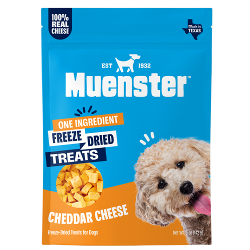 Muenster One Ingredient Freeze Dried Cheddar Cheese Treats for Dogs. Front of the bag. 