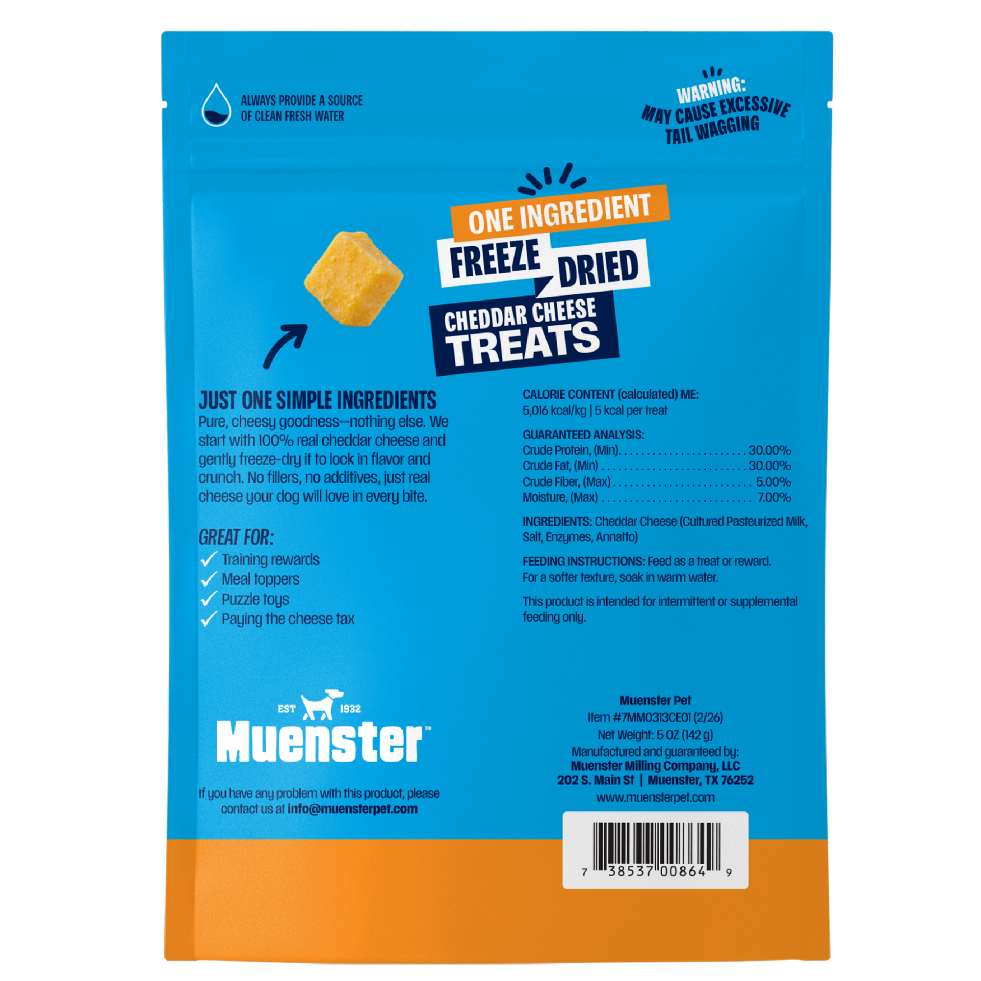 Back of the package for Muenster Freeze Dried Cheddar Cheese Treats