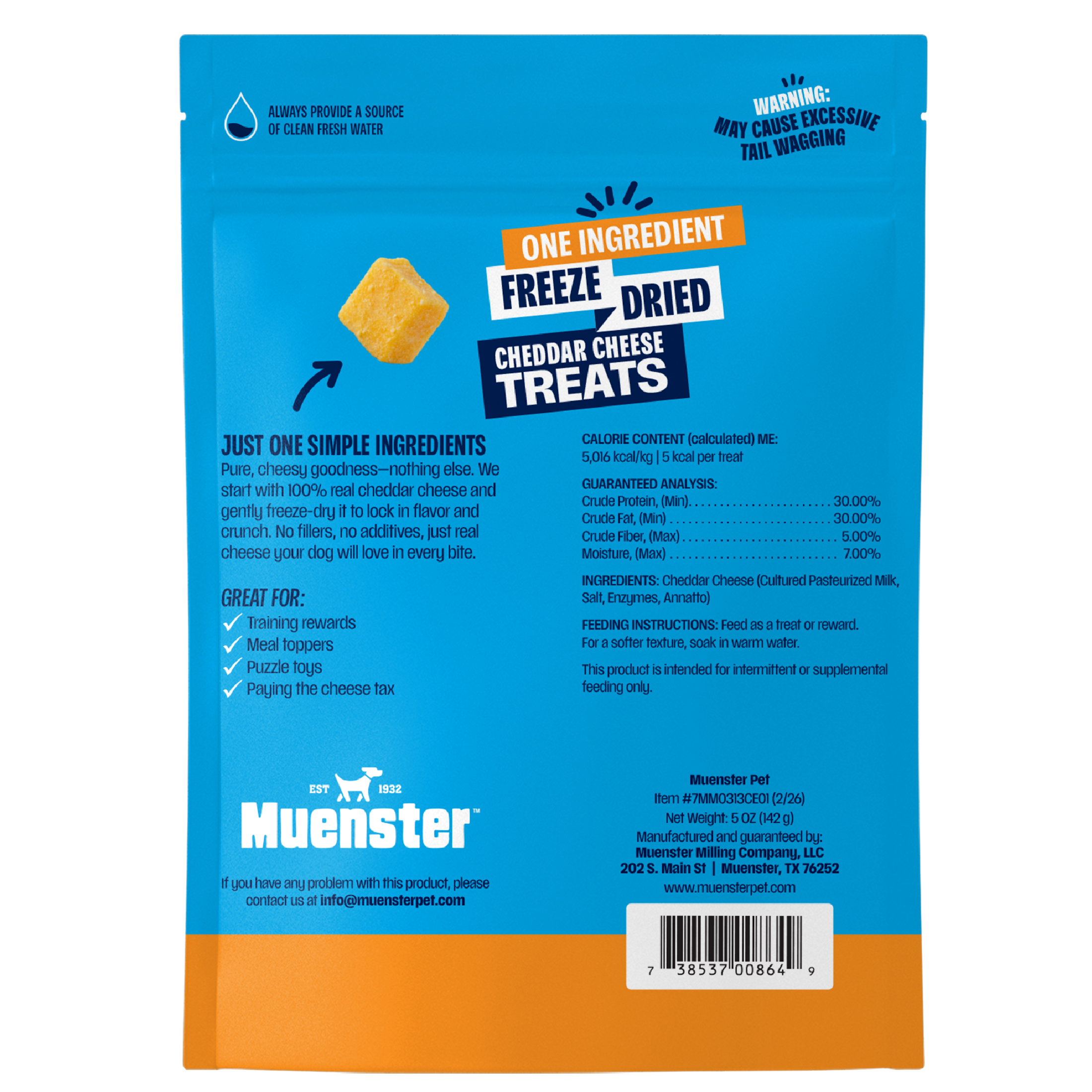 Back of the package for Muenster Freeze Dried Cheddar Cheese Treats