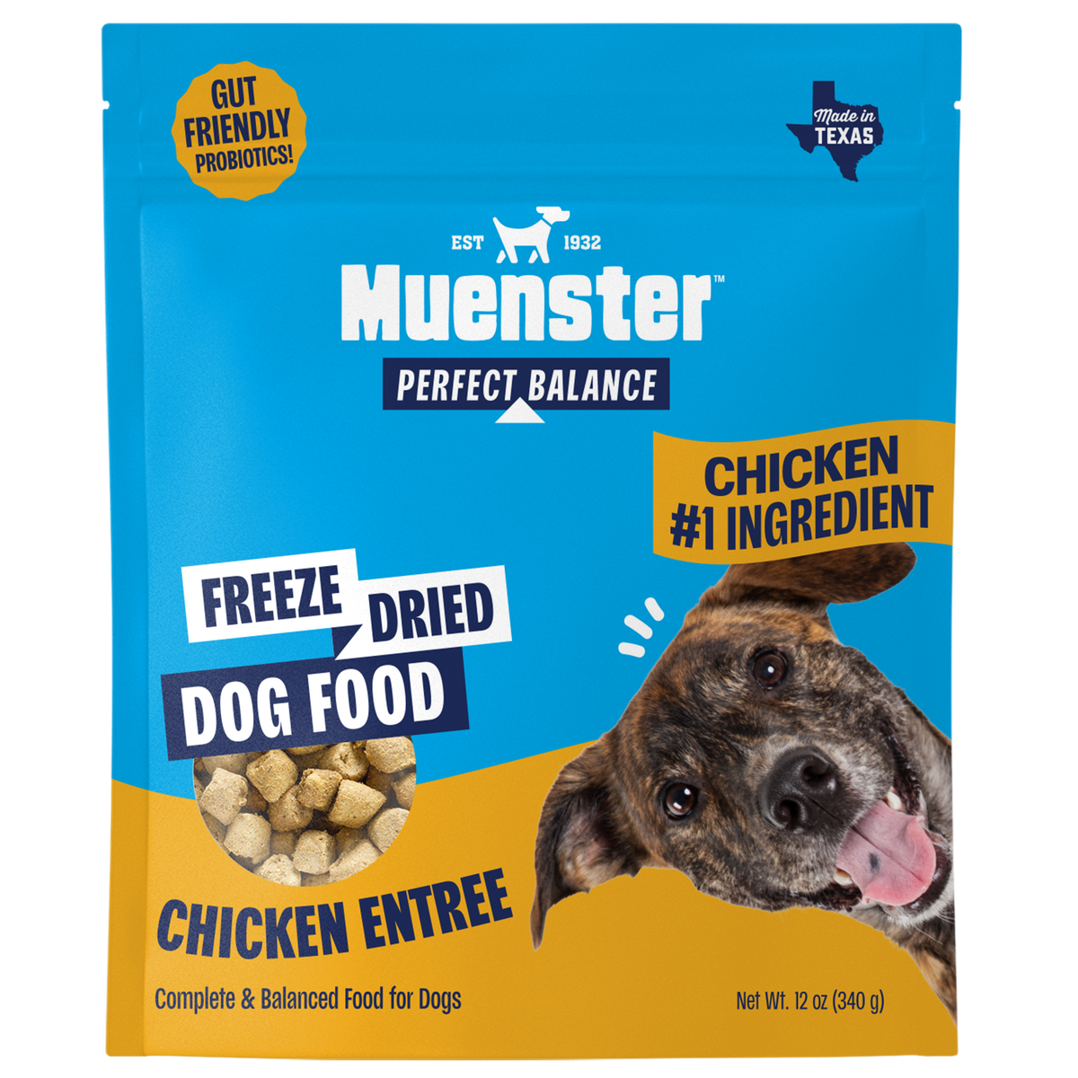 Bright blue dog food package featuring a dog's face, labeled "Muenster Perfect Balance" and highlighting "Chicken #1 Ingredient."