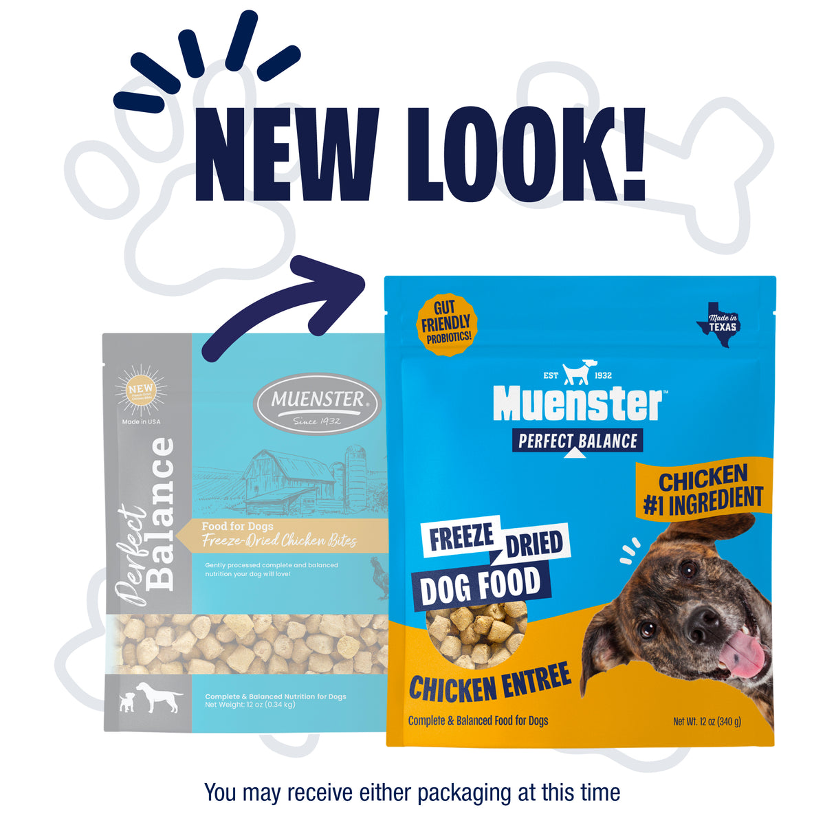 Comparison of two dog food packaging designs for Muenster. Left shows the old "Perfect Balance" bag, while the right displays the new design featuring "NEW LOOK!" and emphasizing chicken as the main ingredient.