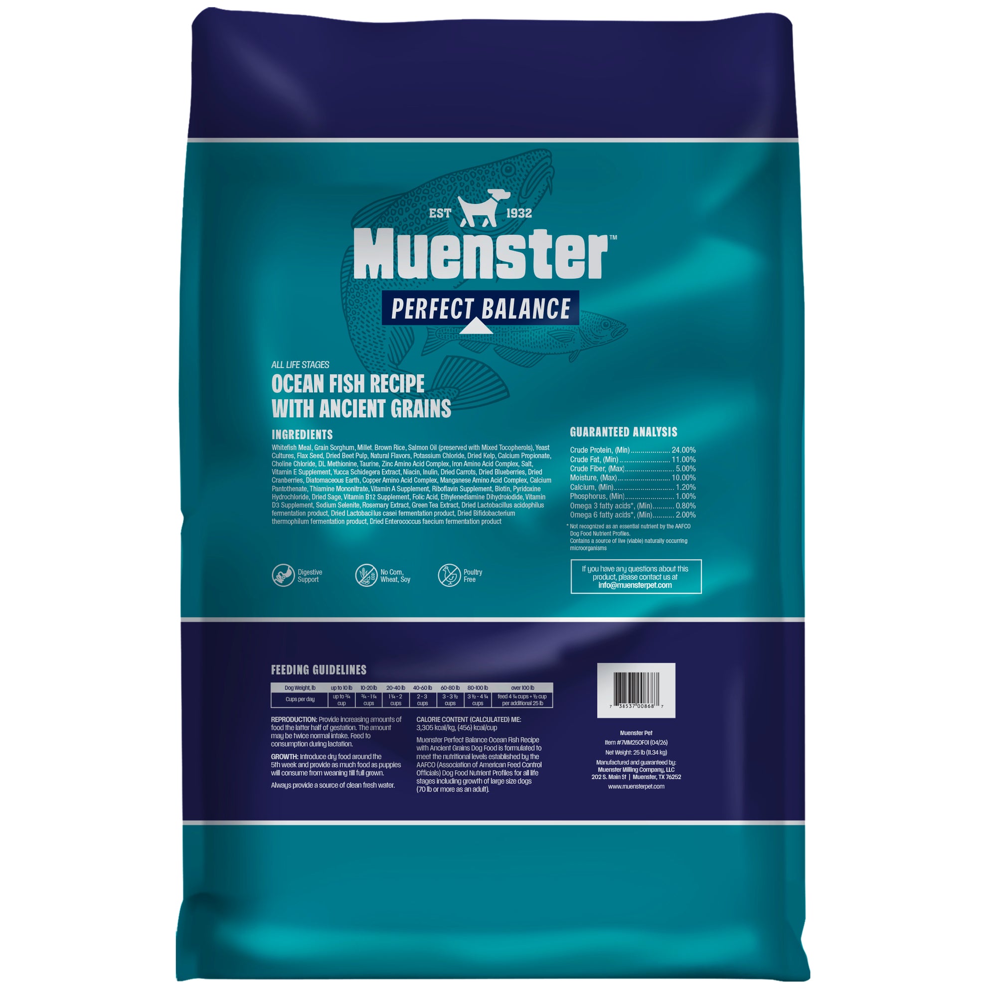 A bag of Muenster Perfect Balance Ocean Fish Recipe dog food, featuring a dark teal and navy blue color scheme with white text.