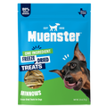 Munster freeze-dried whole-minnow dog treat package featuring a black-and-tan dog, dried minnows, and colorful product labels.