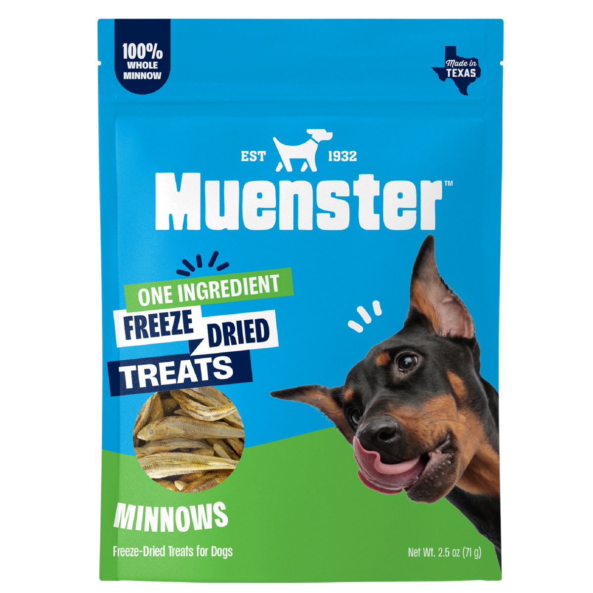 Munster freeze-dried whole-minnow dog treat package featuring a black-and-tan dog, dried minnows, and colorful product labels.