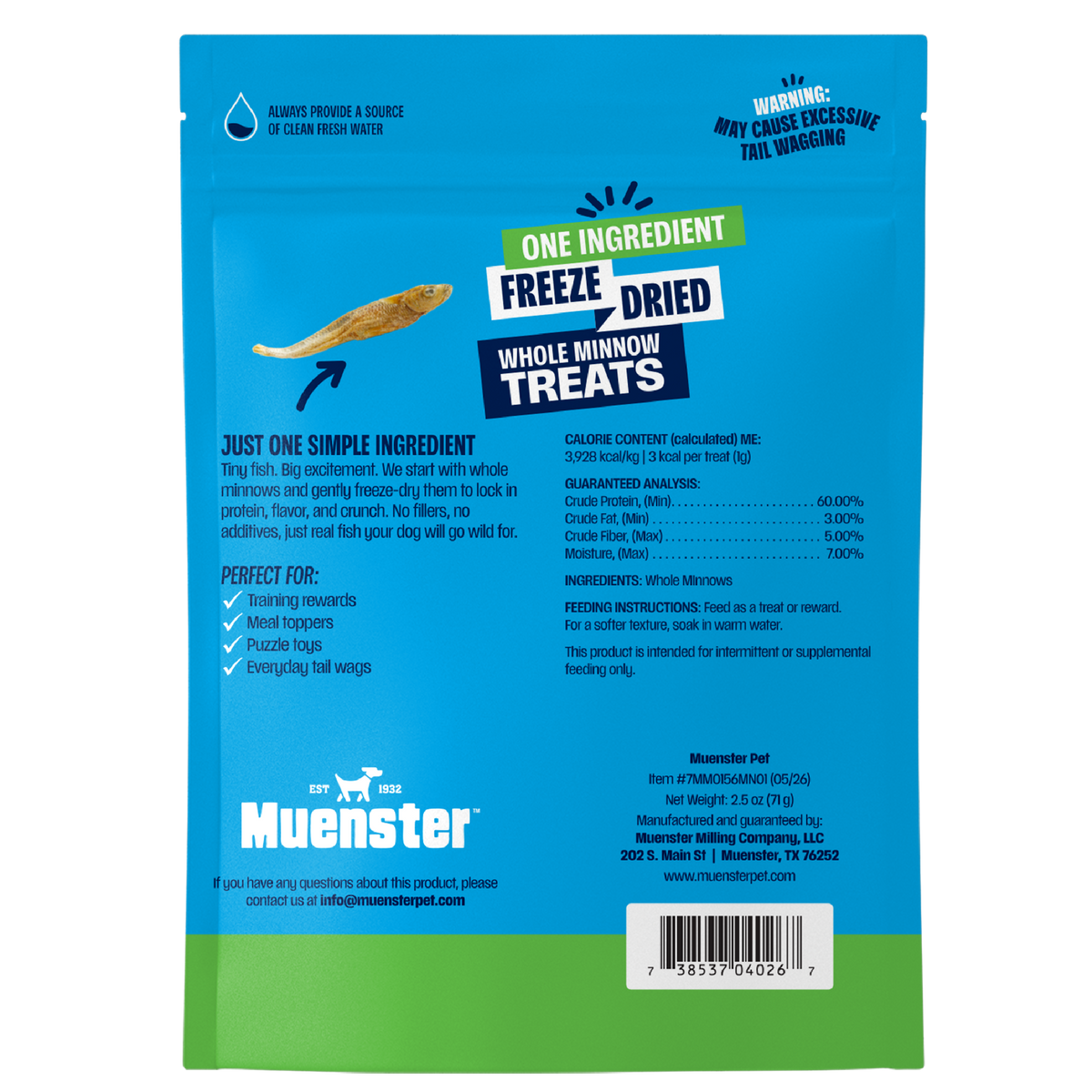 Back of a Muenster Freeze Dried Whole Minnow Treats pet food bag, showing product details, ingredients, feeding instructions, and a barcode on a white background.