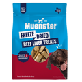 A bag of Muenster Freeze Dried Beef Liver Treats for dogs, featuring a blue and red package design with a photo of a chocolate Labrador on the front.
