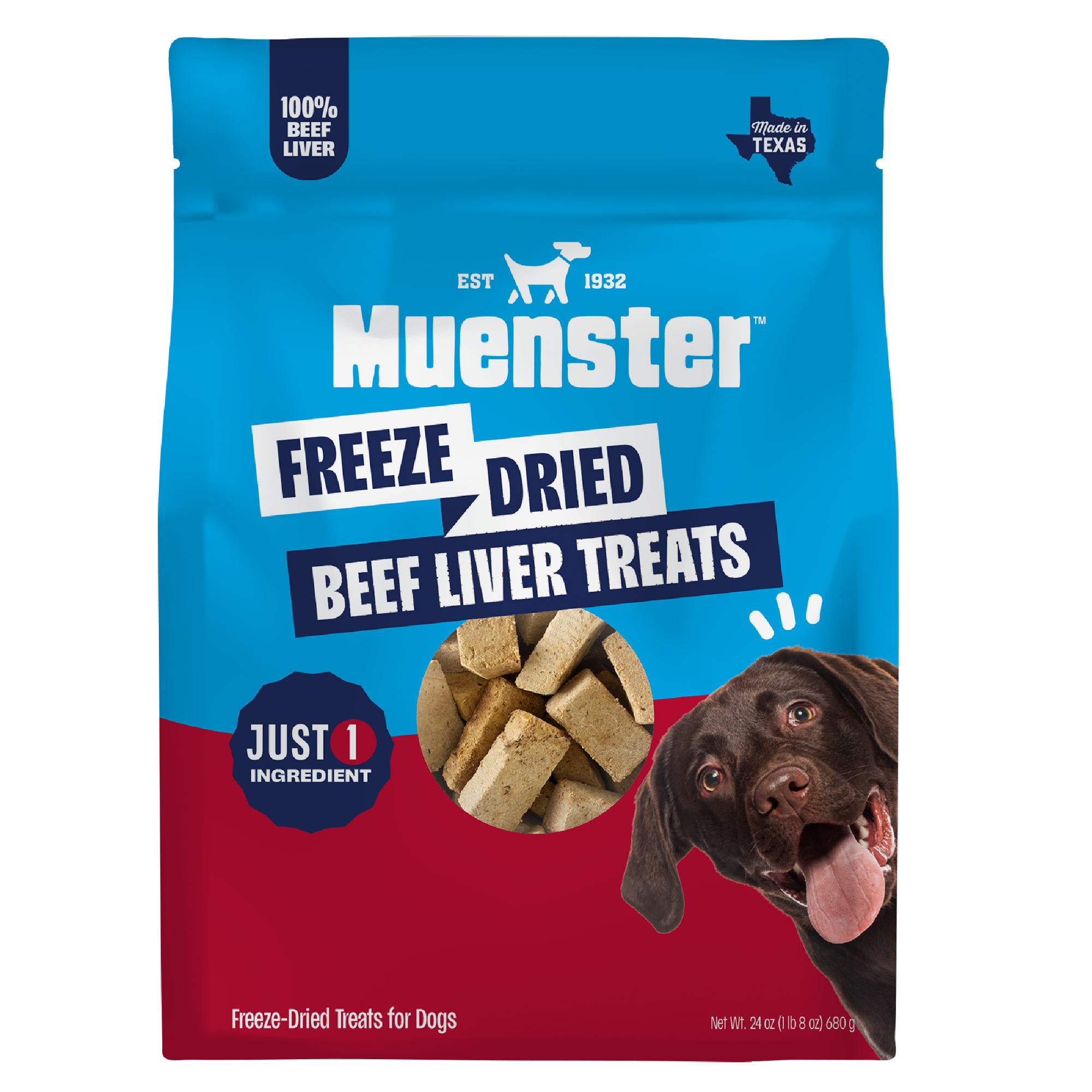 A bag of Muenster Freeze Dried Beef Liver Treats for dogs, featuring a blue and red package design with a photo of a chocolate Labrador on the front.