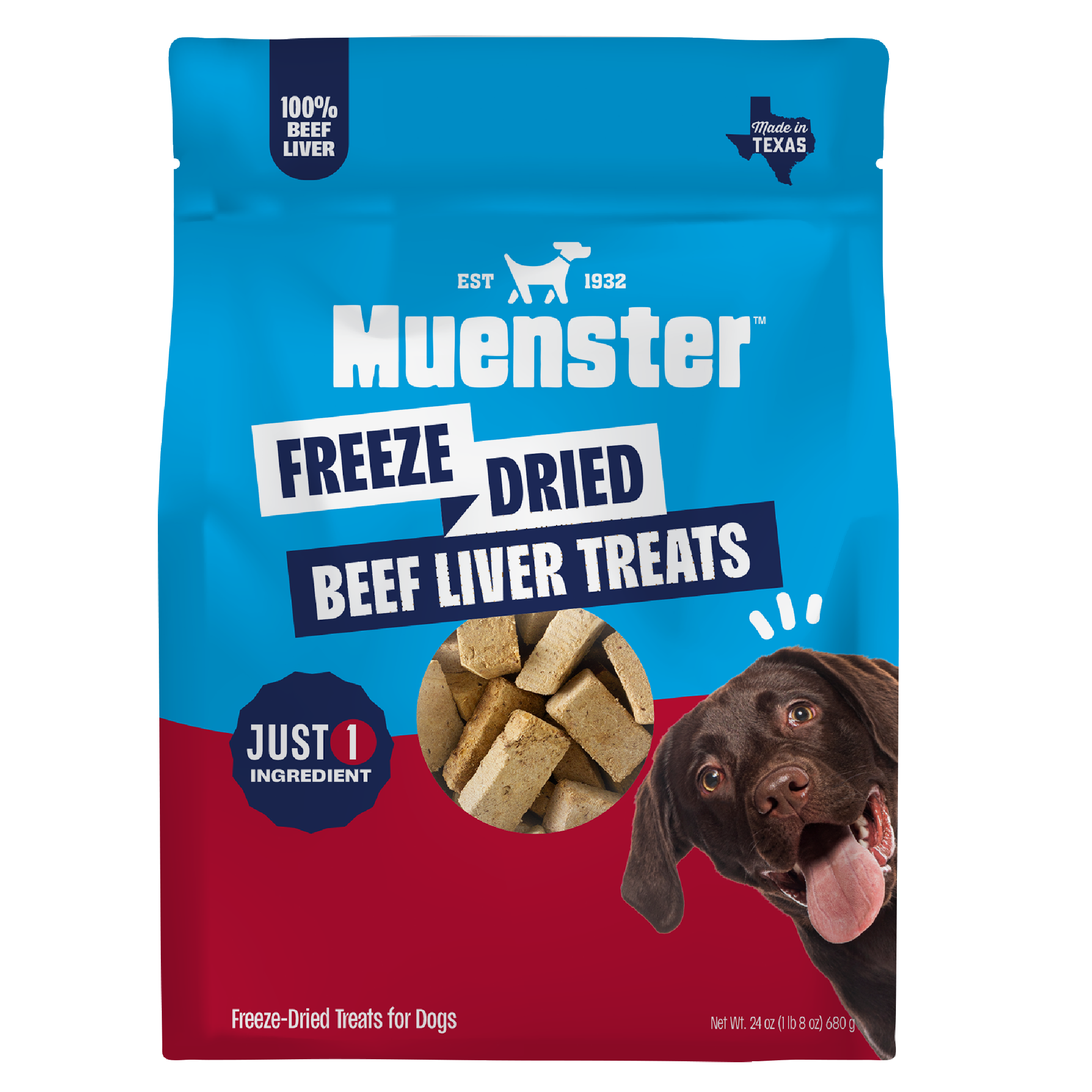 A bag of Muenster Freeze Dried Beef Liver Treats for dogs, featuring a blue and red package design with a photo of a chocolate Labrador on the front.