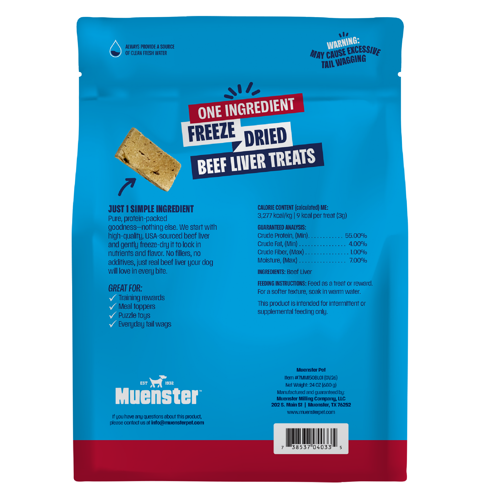 Back of a Muenster Freeze Dried Beef Liver Treats pouch, showing product details, ingredients, feeding facts, and a barcode on a white background.