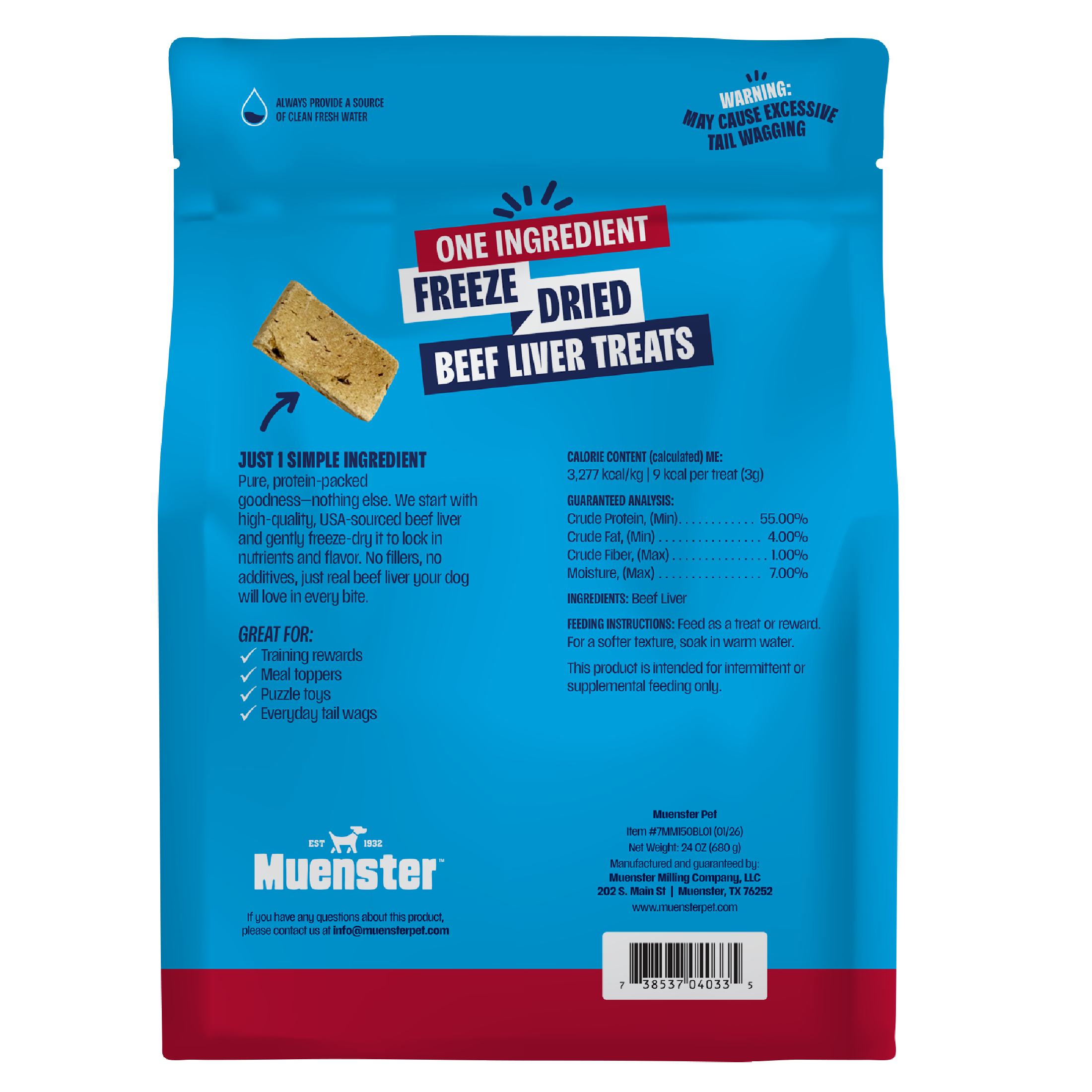 Back of a Muenster Freeze Dried Beef Liver Treats pouch, showing product details, ingredients, feeding facts, and a barcode on a white background.