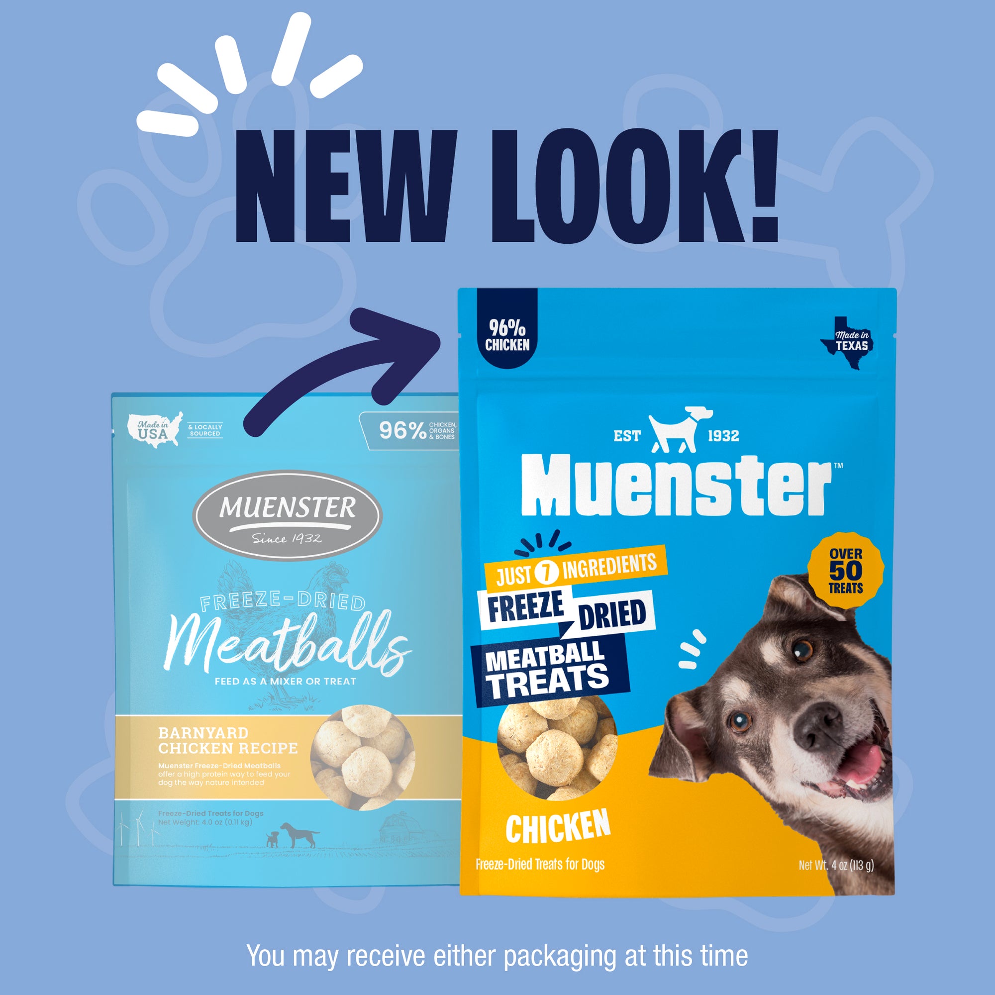 Two packages of Muenster dog treats with a blue background and 'New Look!' text.