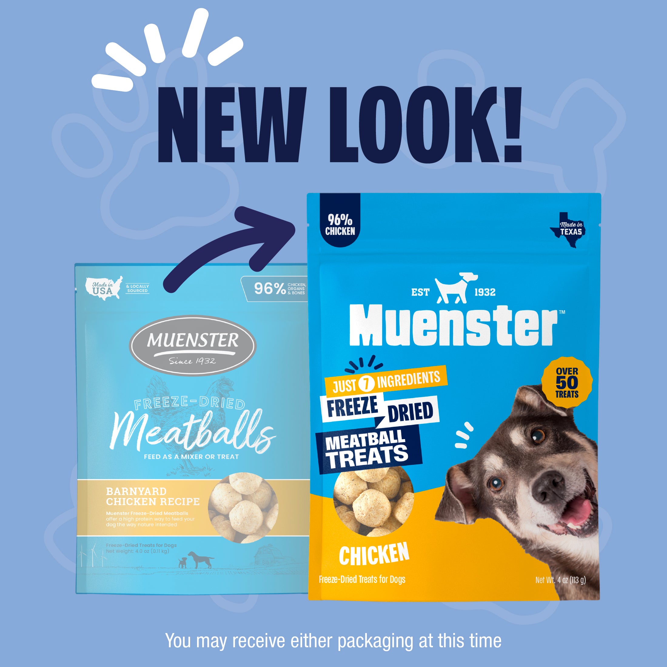 Two packages of Muenster dog treats with a blue background and 'New Look!' text.