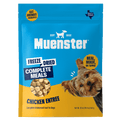 Muenster freeze-dried chicken entree for dogs packaging on a black background