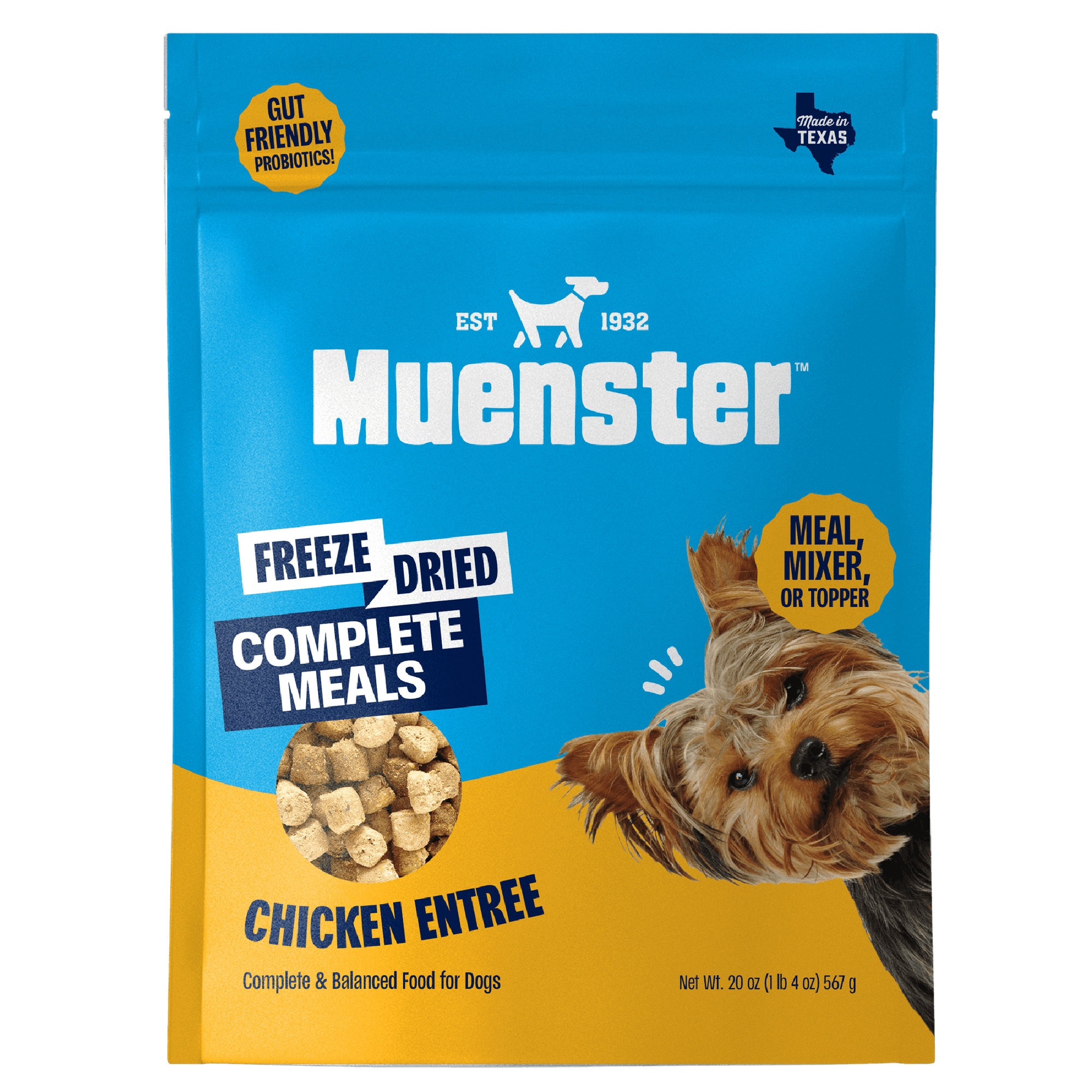 Muenster freeze-dried chicken entree for dogs packaging on a black background