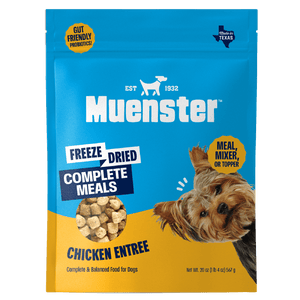 Muenster freeze-dried chicken entree for dogs packaging on a black background