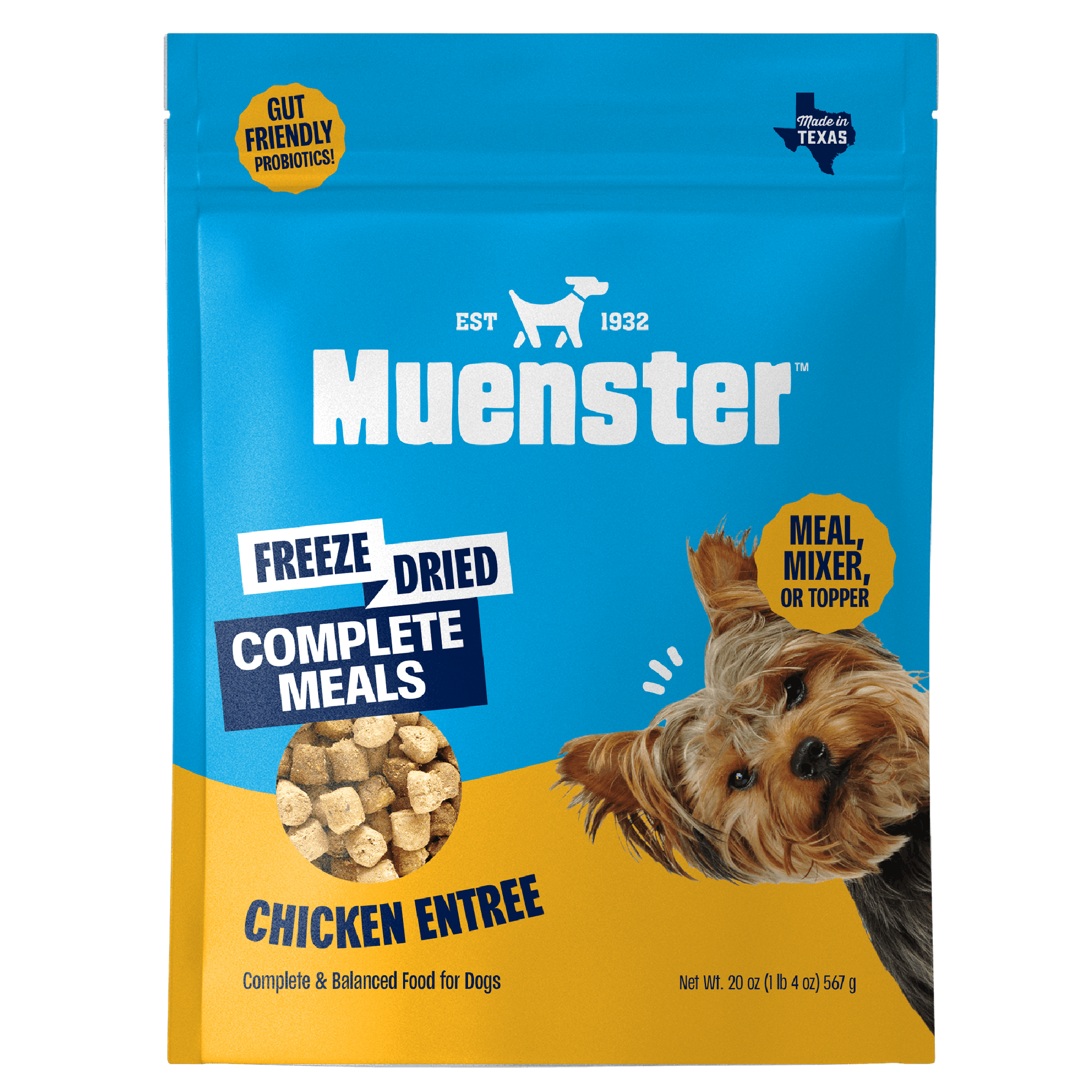 Muenster freeze-dried chicken entree for dogs packaging on a black background