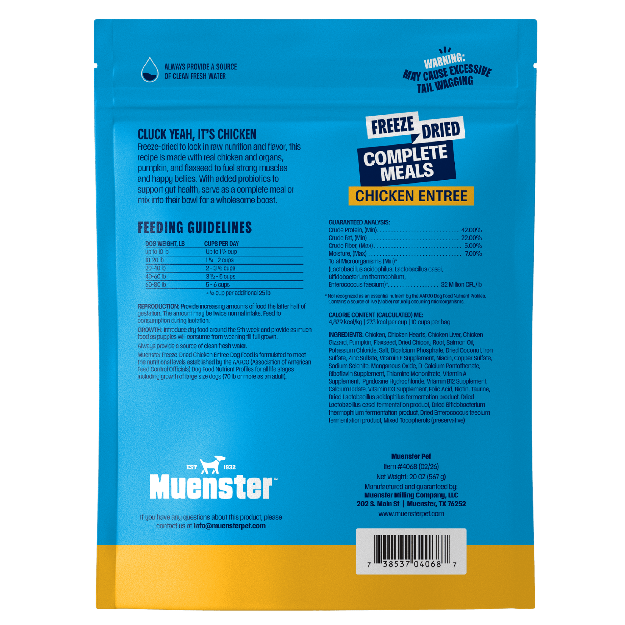 Back of a blue and yellow Muenster pet food package with text and branding.