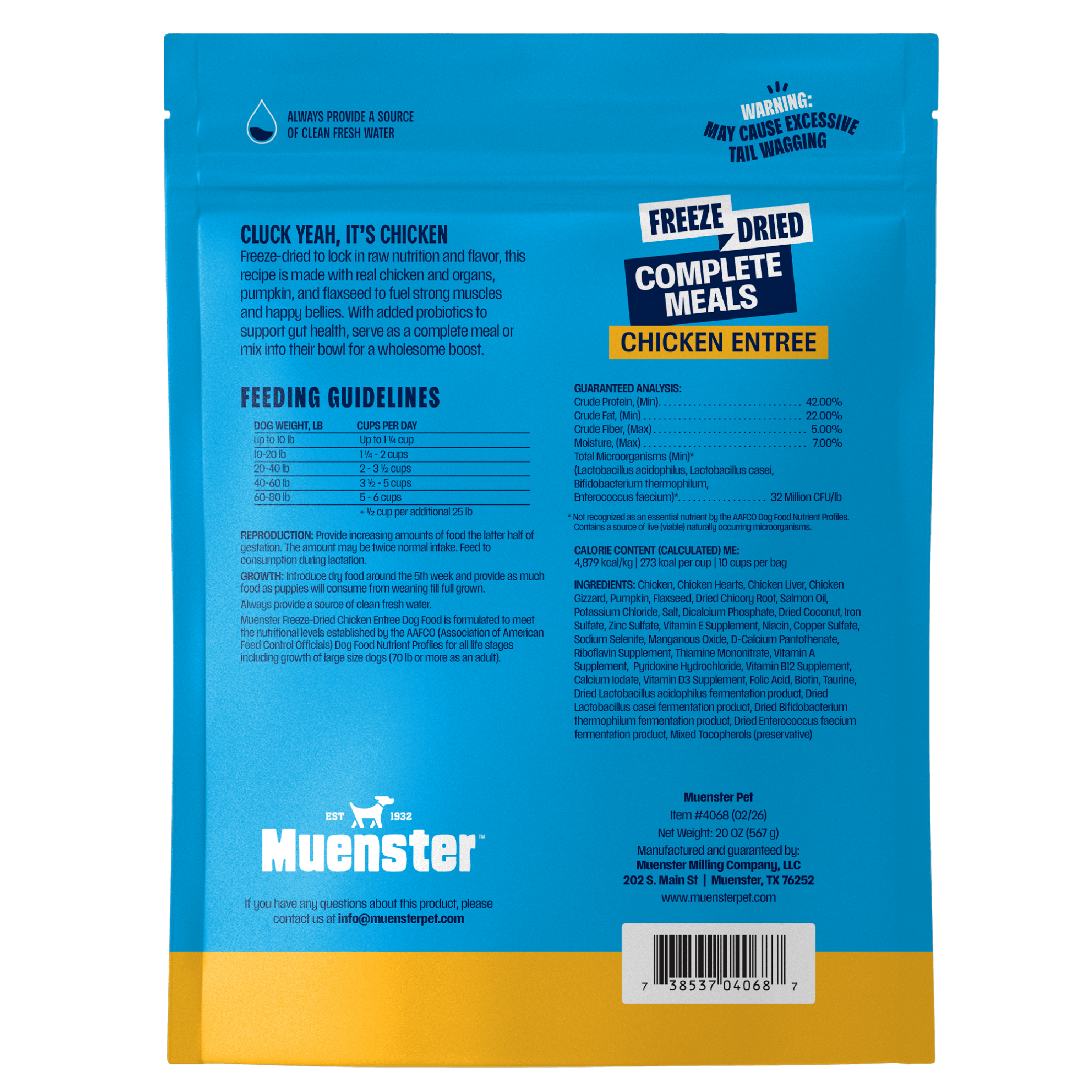 Back of a blue and yellow Muenster pet food package with text and branding.