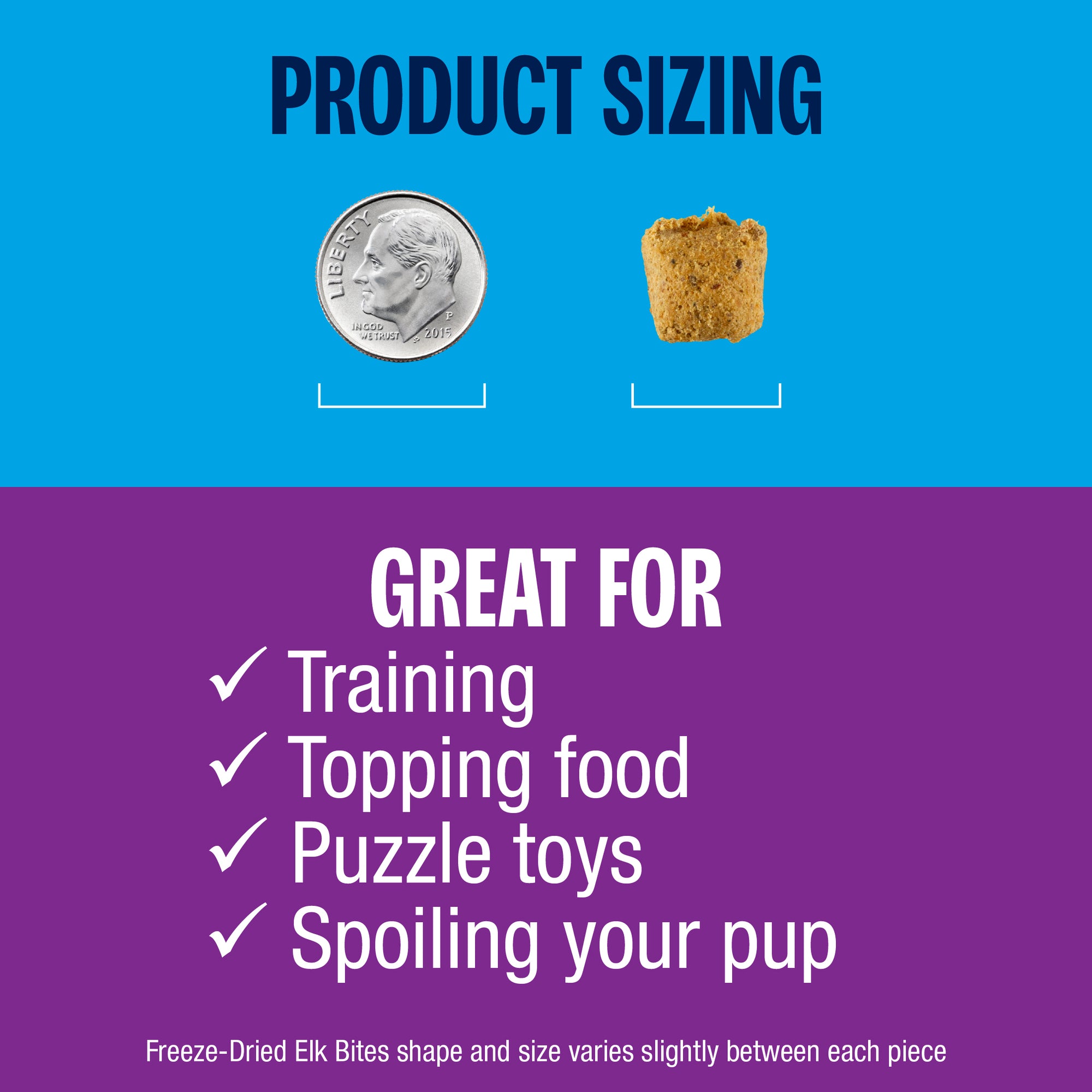 Product sizing comparison with a coin and a piece of food, followed by text about product uses on a blue and purple background.