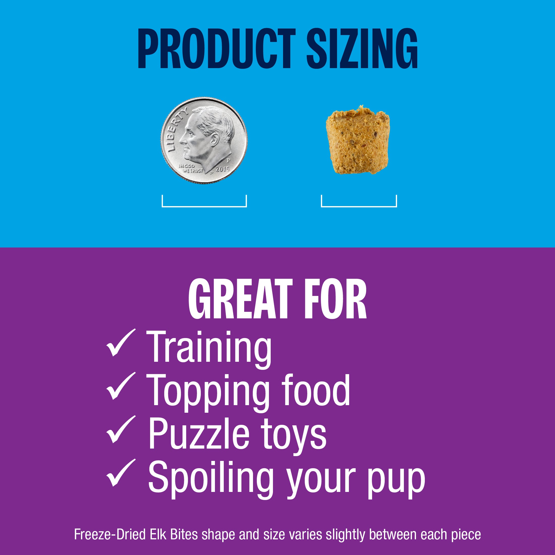 Product sizing comparison with a coin and a piece of food, followed by text about product uses on a blue and purple background.