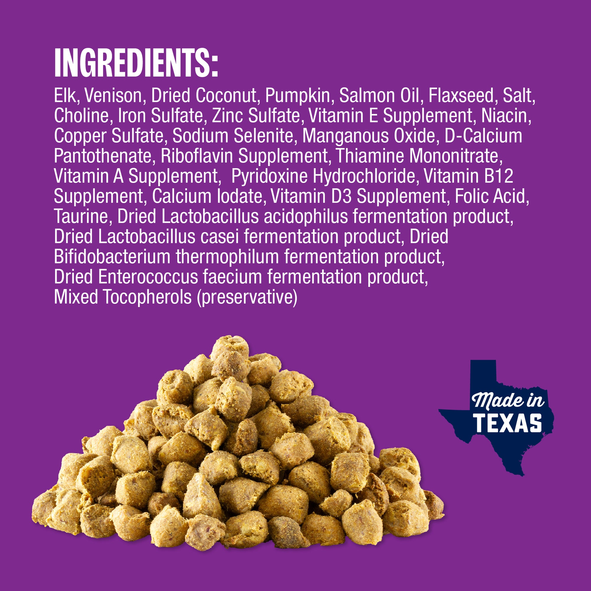 Dog food with ingredients list on a purple background, featuring 'Made in Texas' label.