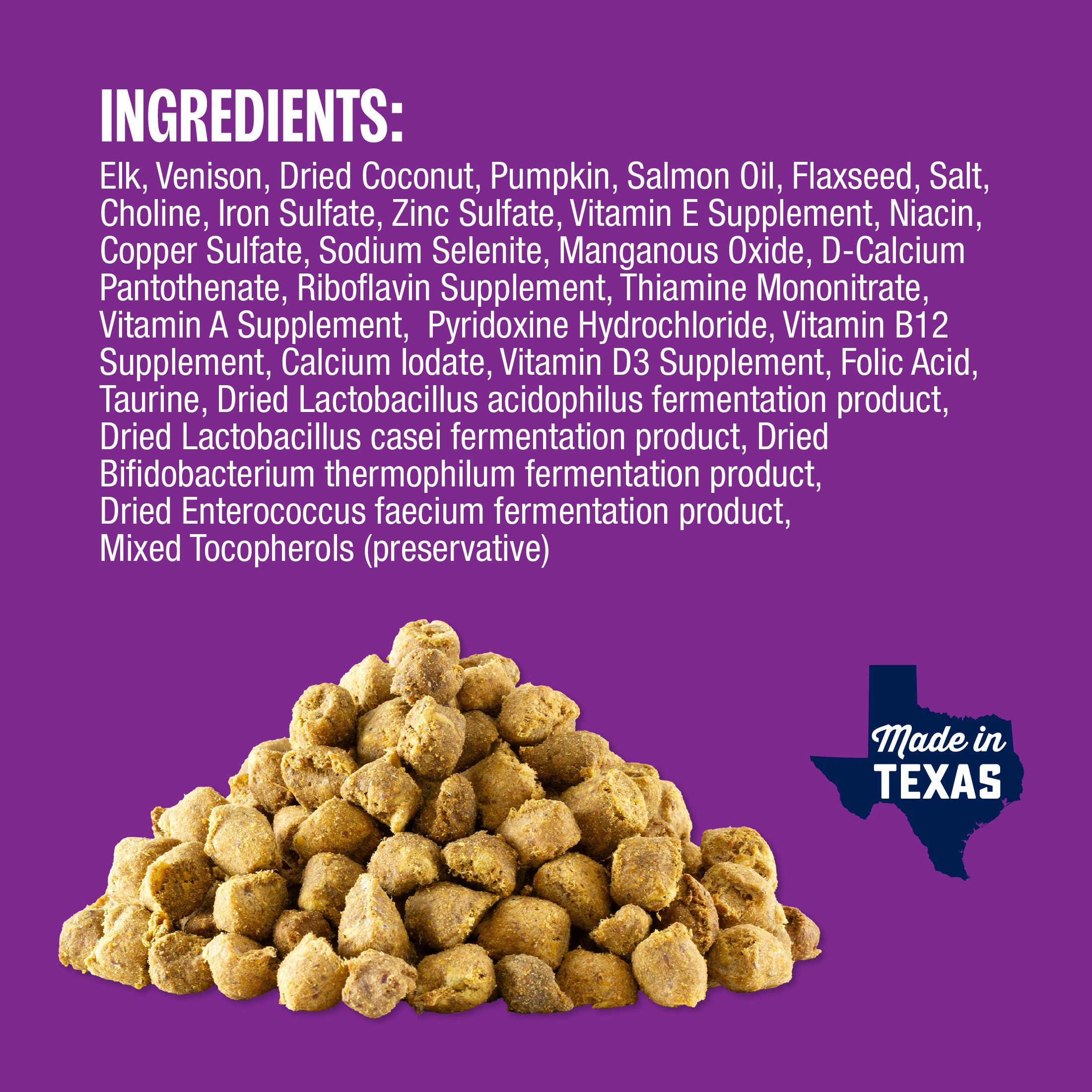 Dog food with ingredients list on a purple background, featuring 'Made in Texas' label.