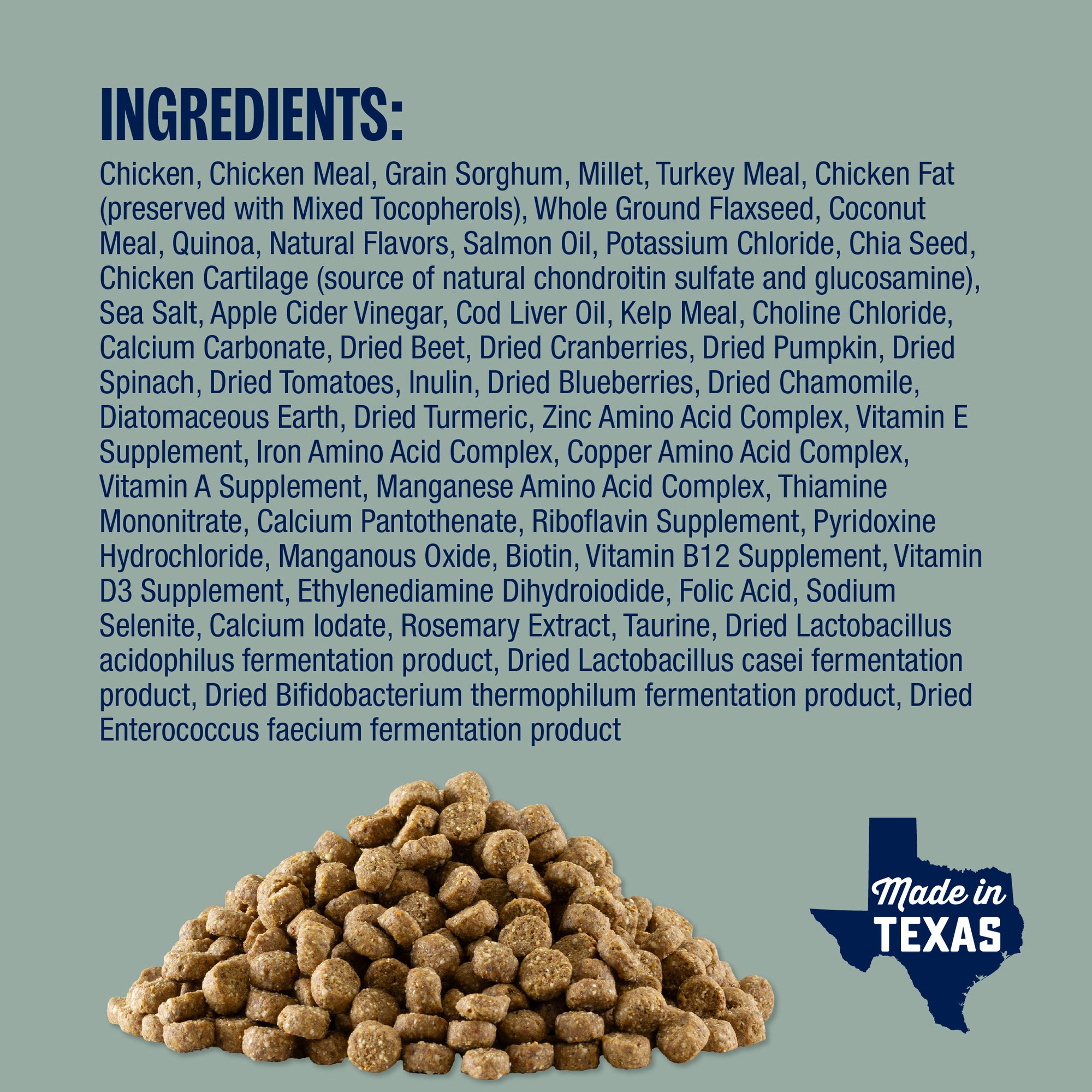 Ancient Grains Chicken Recipe ingredients and image of kibble