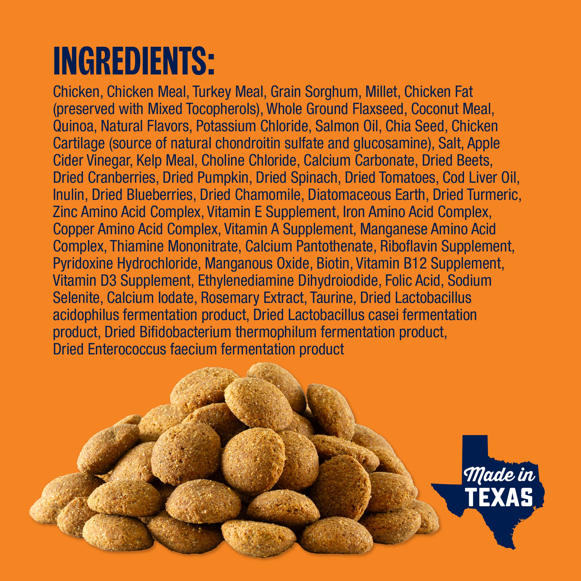 Ancient Grains Large Breed Chicken Formula ingredients and image of kibble