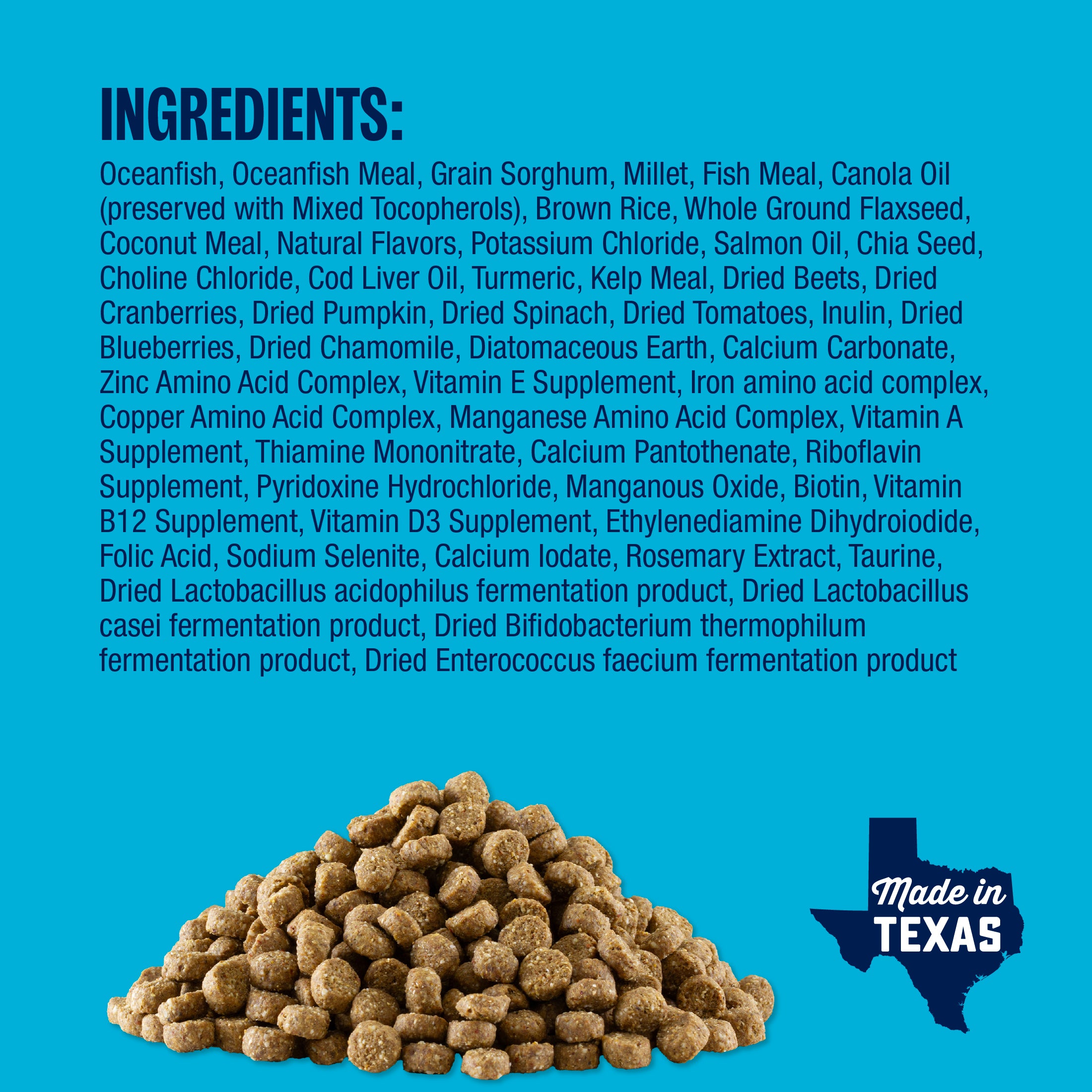Ancient Grains Ocean Fish dog food formula ingredients statement with image of kibble