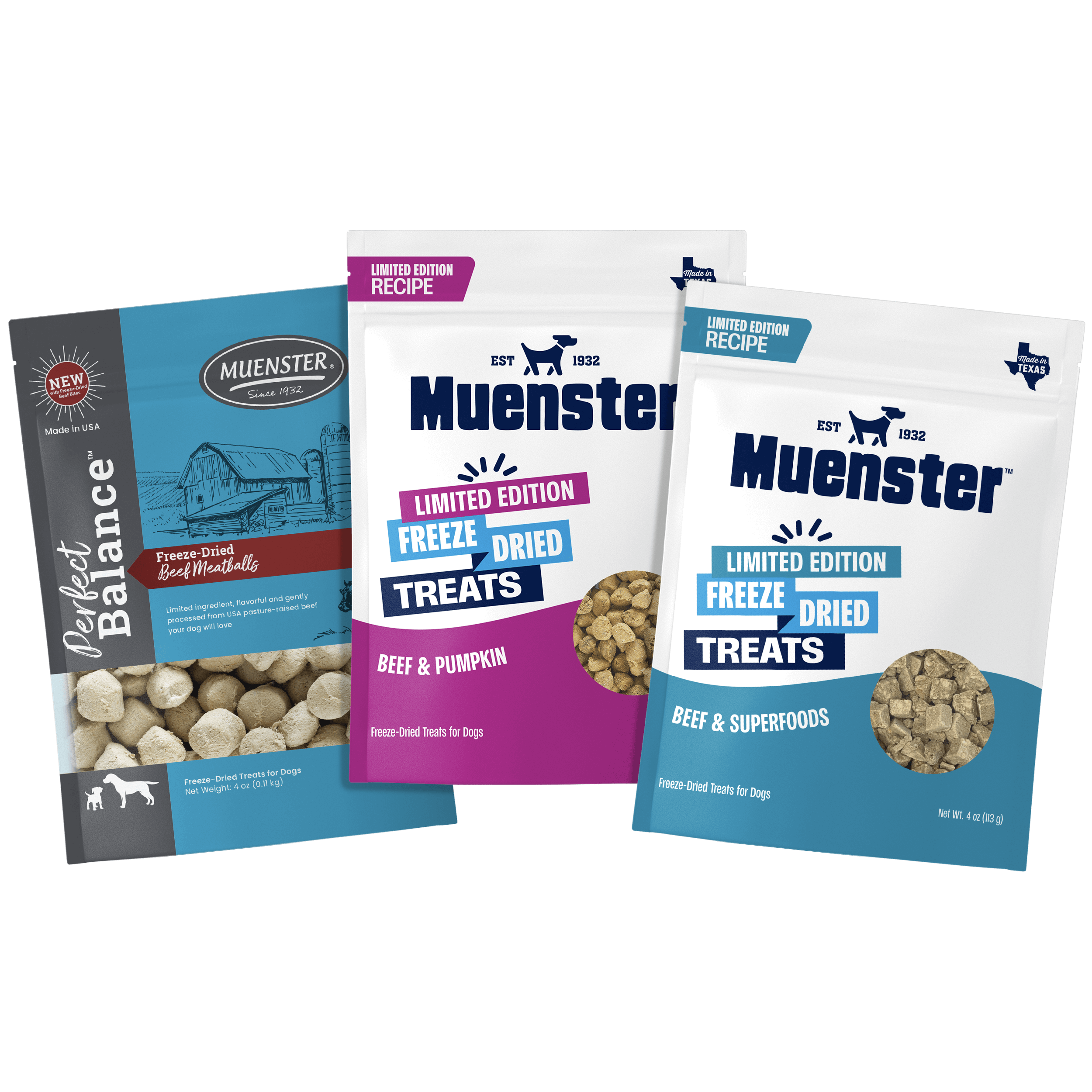 3 bags of Muenster Beef treats - Meatballs, Beef & Pumpkin, Beef & Superfoods