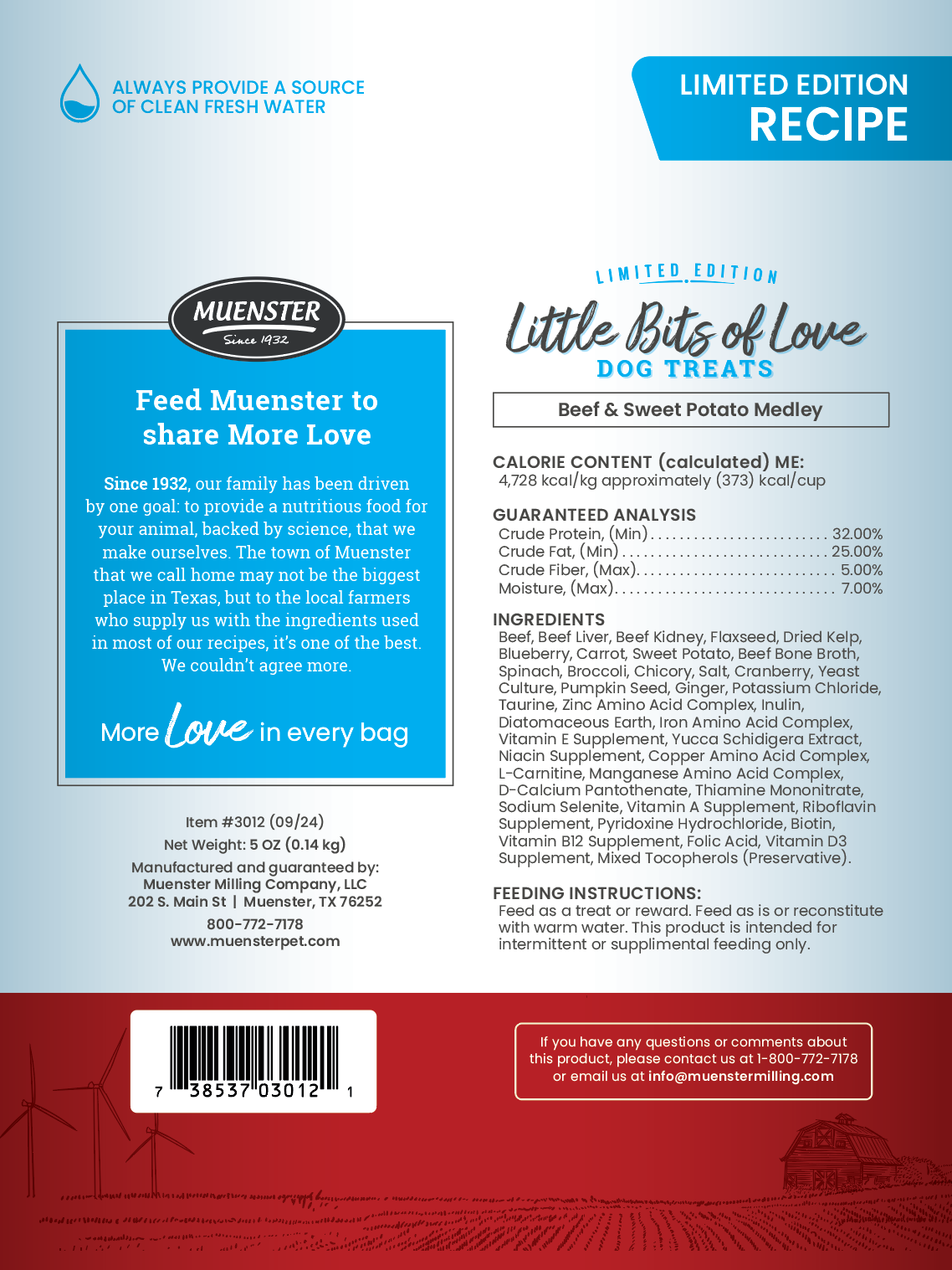 back of bag - ingredients, feeding instructions and calories in Limited Edition Freeze Dried Beef & Sweet Potato Medley Treats