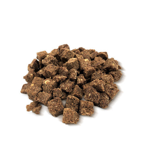 close up of Muenster Freeze dried elk bites for dogs, complete and balanced food, treat, and topper