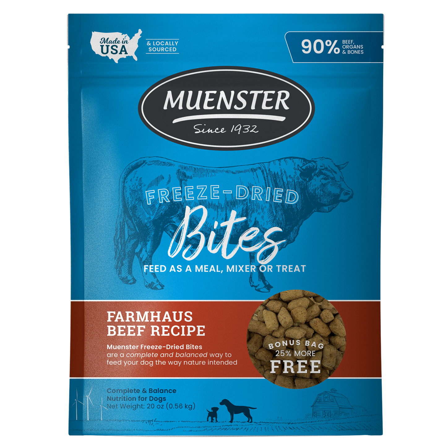 Muenster Freeze Dried Beef Bites complete and balanced food and treat for dogs 20oz bag