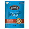 Package of Muenster Freeze-Dried Bites for dogs, featuring a cow sketch, product name, and "FARMAHAUS BEEF RECIPE" label, set against a blue background.