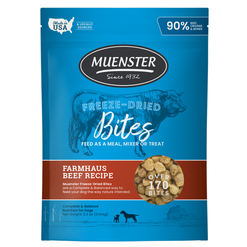 Package of Muenster Freeze-Dried Bites for dogs, featuring a cow sketch, product name, and "FARMAHAUS BEEF RECIPE" label, set against a blue background.